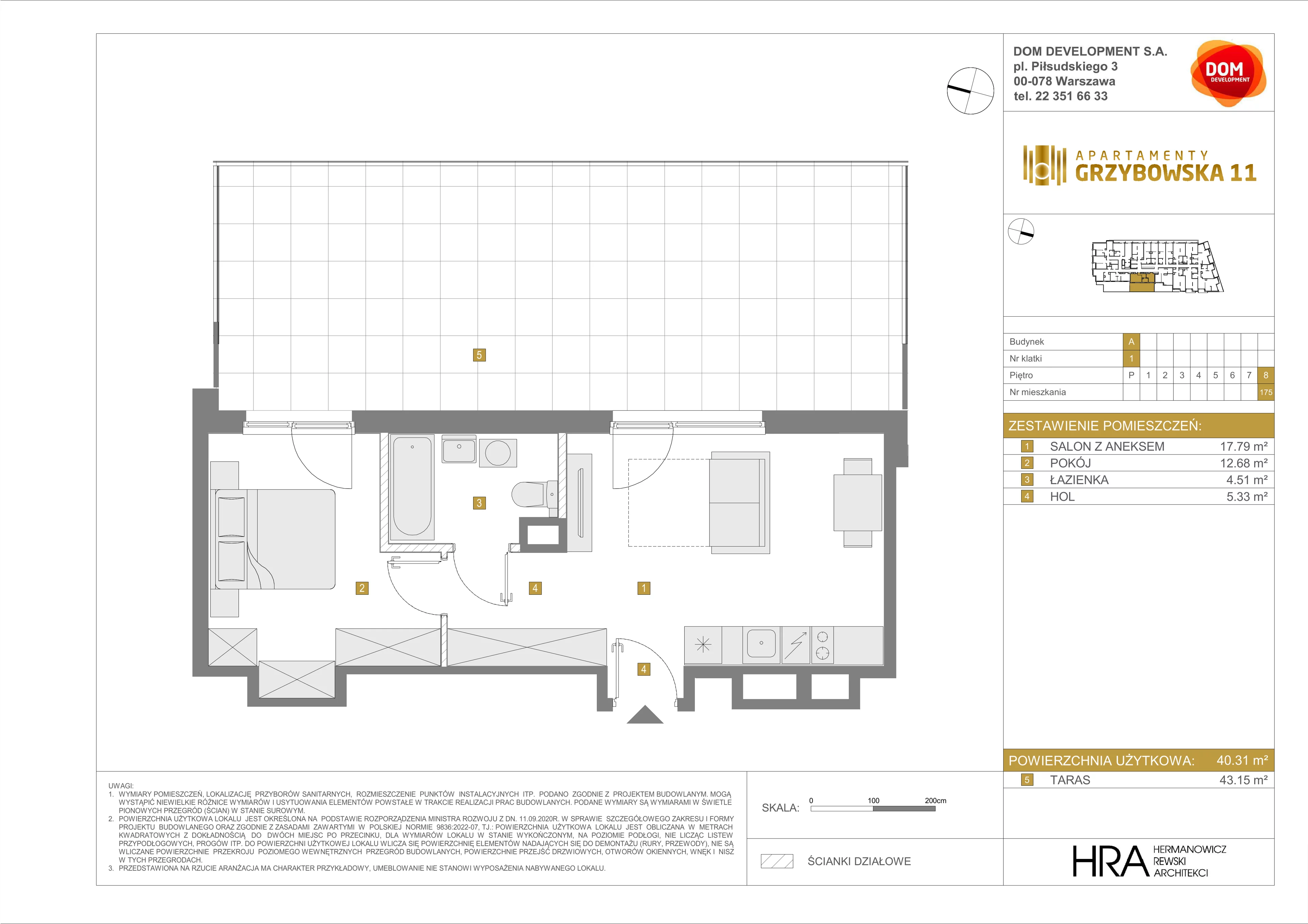 2 pokoje, mieszkanie 40,31 m², piętro 8, oferta nr A/175, Apartamenty Grzybowska 11, Warszawa, Śródmieście, Śródmieście Północne, ul. Grzybowska 11