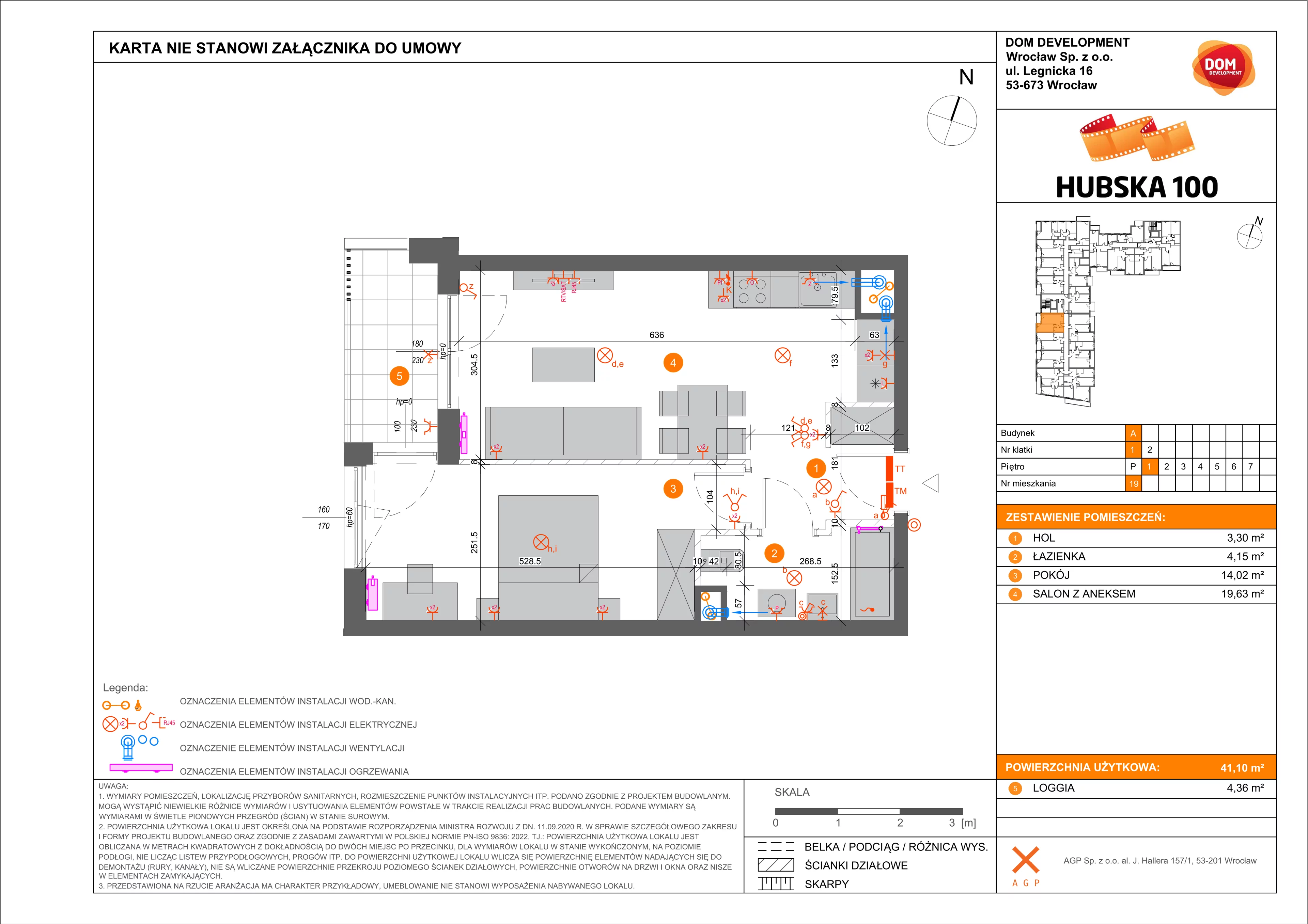 2 pokoje, mieszkanie 41,10 m², piętro 1, oferta nr A/19, Hubska 100 etap 2, Wrocław, Huby, Krzyki, ul. Hubska 100