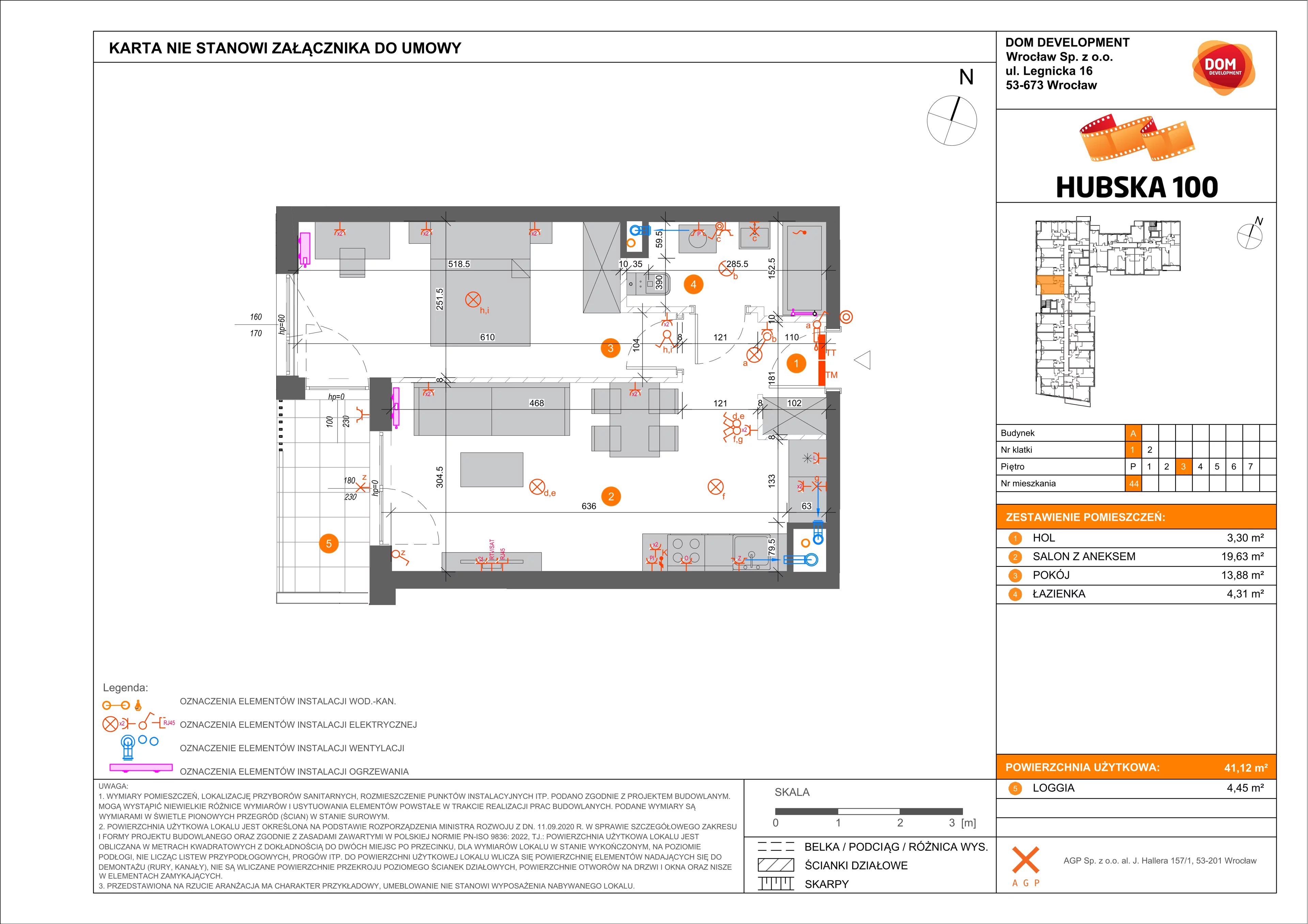 2 pokoje, mieszkanie 41,12 m², piętro 3, oferta nr A/44, Hubska 100 etap 2, Wrocław, Huby, Krzyki, ul. Hubska 100