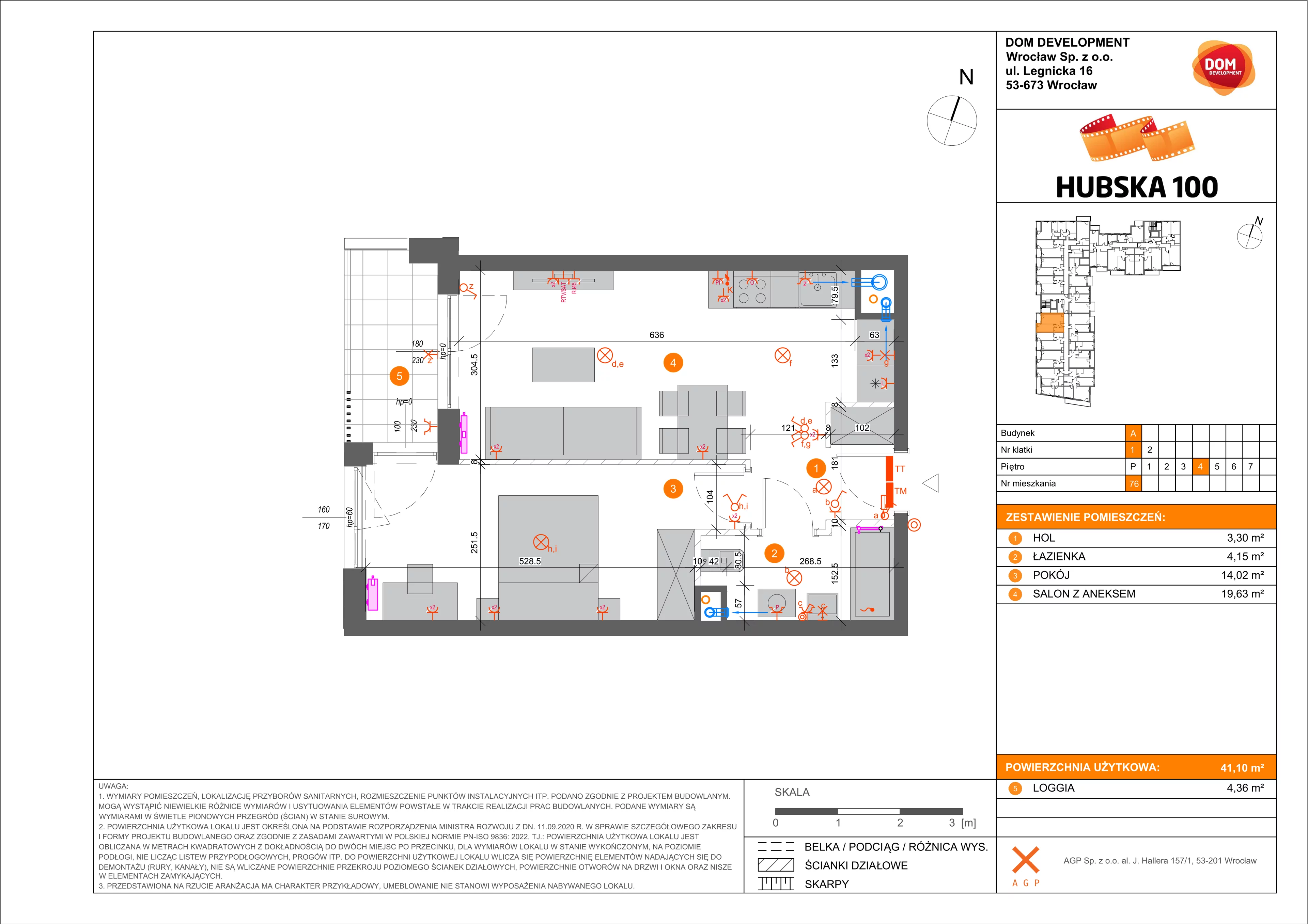 2 pokoje, mieszkanie 41,10 m², piętro 4, oferta nr A/76, Hubska 100 etap 2, Wrocław, Huby, Krzyki, ul. Hubska 100