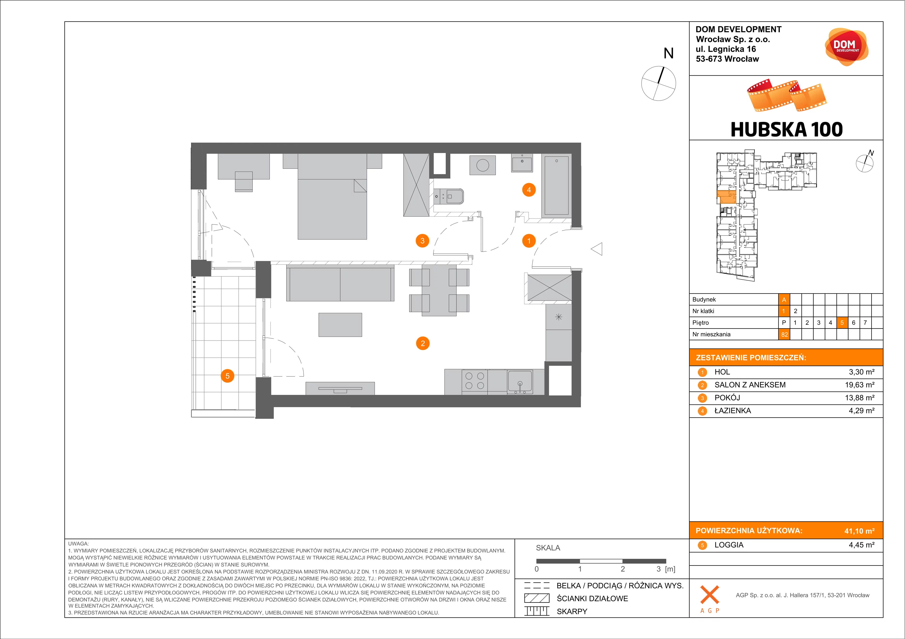2 pokoje, mieszkanie 41,10 m², piętro 5, oferta nr A/82, Hubska 100 etap 2, Wrocław, Huby, Krzyki, ul. Hubska 100