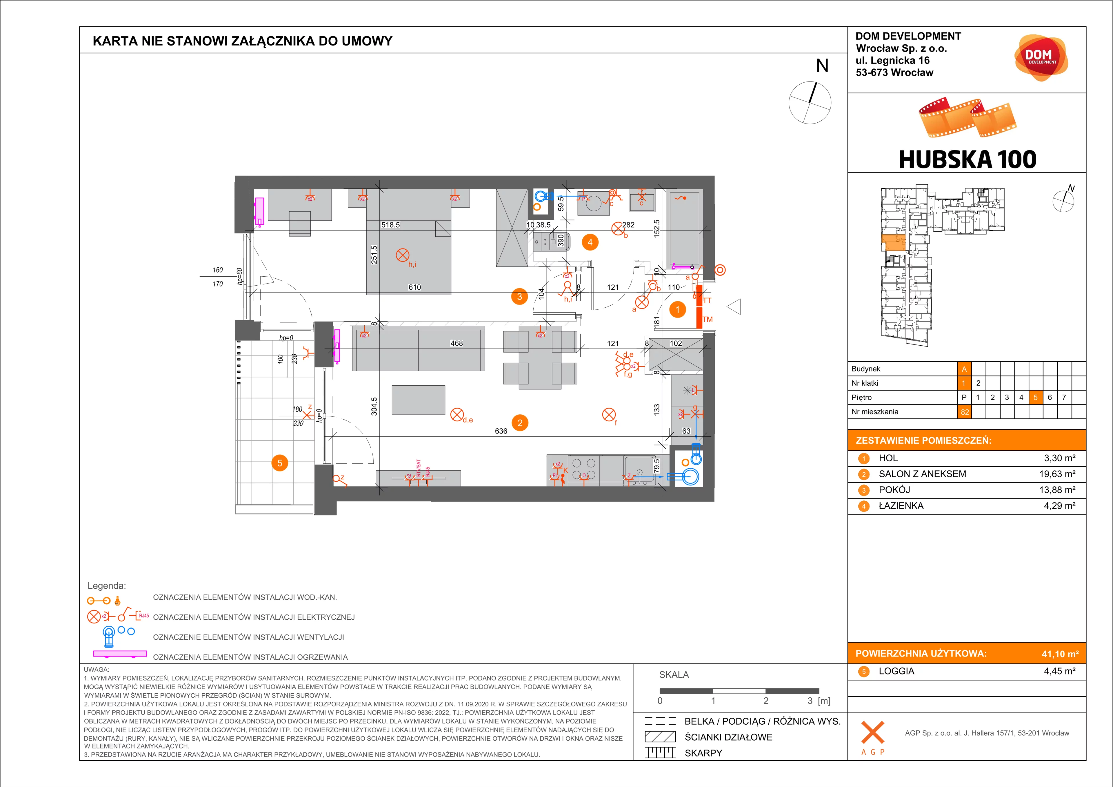 2 pokoje, mieszkanie 41,10 m², piętro 5, oferta nr A/82, Hubska 100 etap 2, Wrocław, Huby, Krzyki, ul. Hubska 100