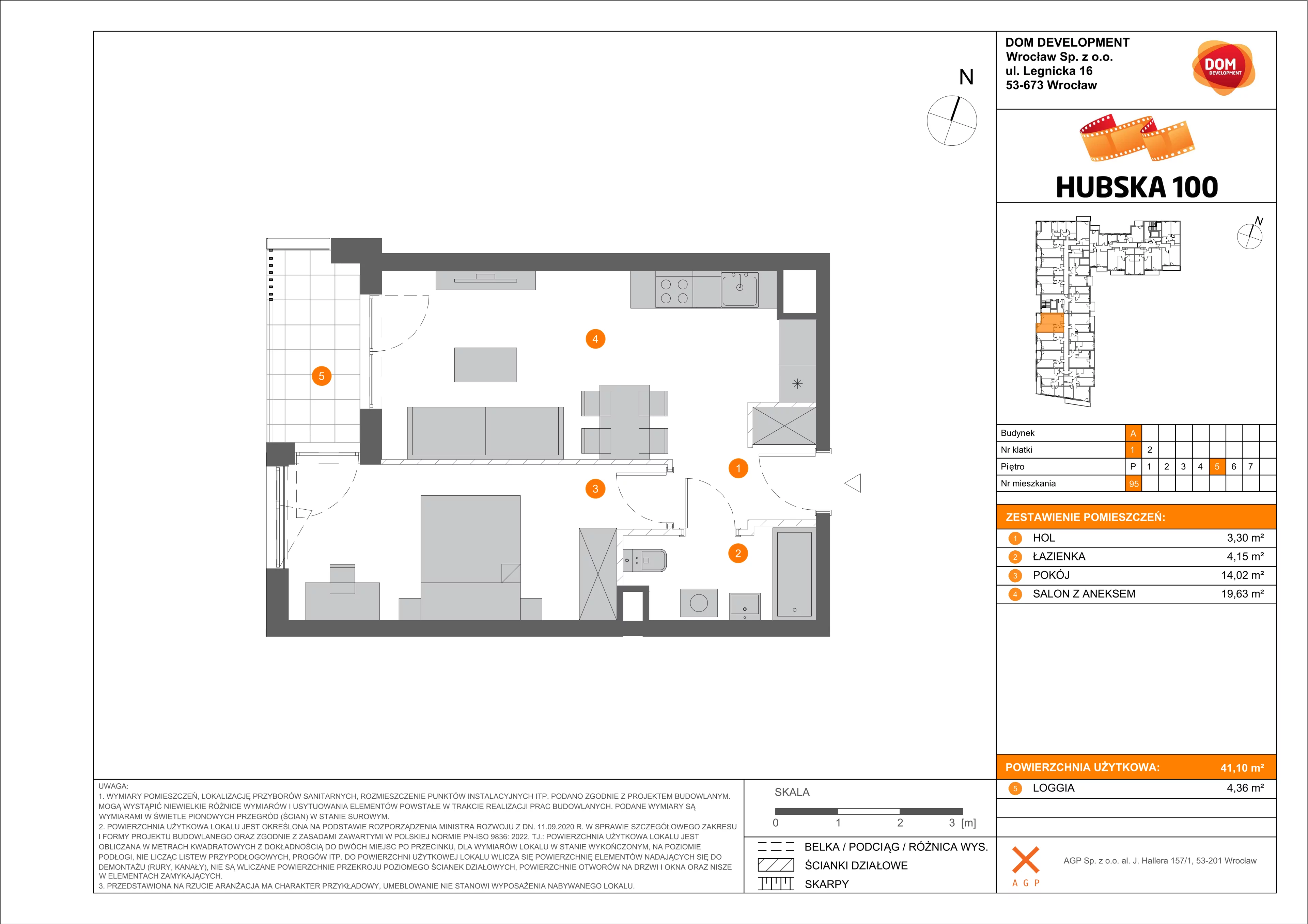 2 pokoje, mieszkanie 41,10 m², piętro 5, oferta nr A/95, Hubska 100 etap 2, Wrocław, Huby, Krzyki, ul. Hubska 100