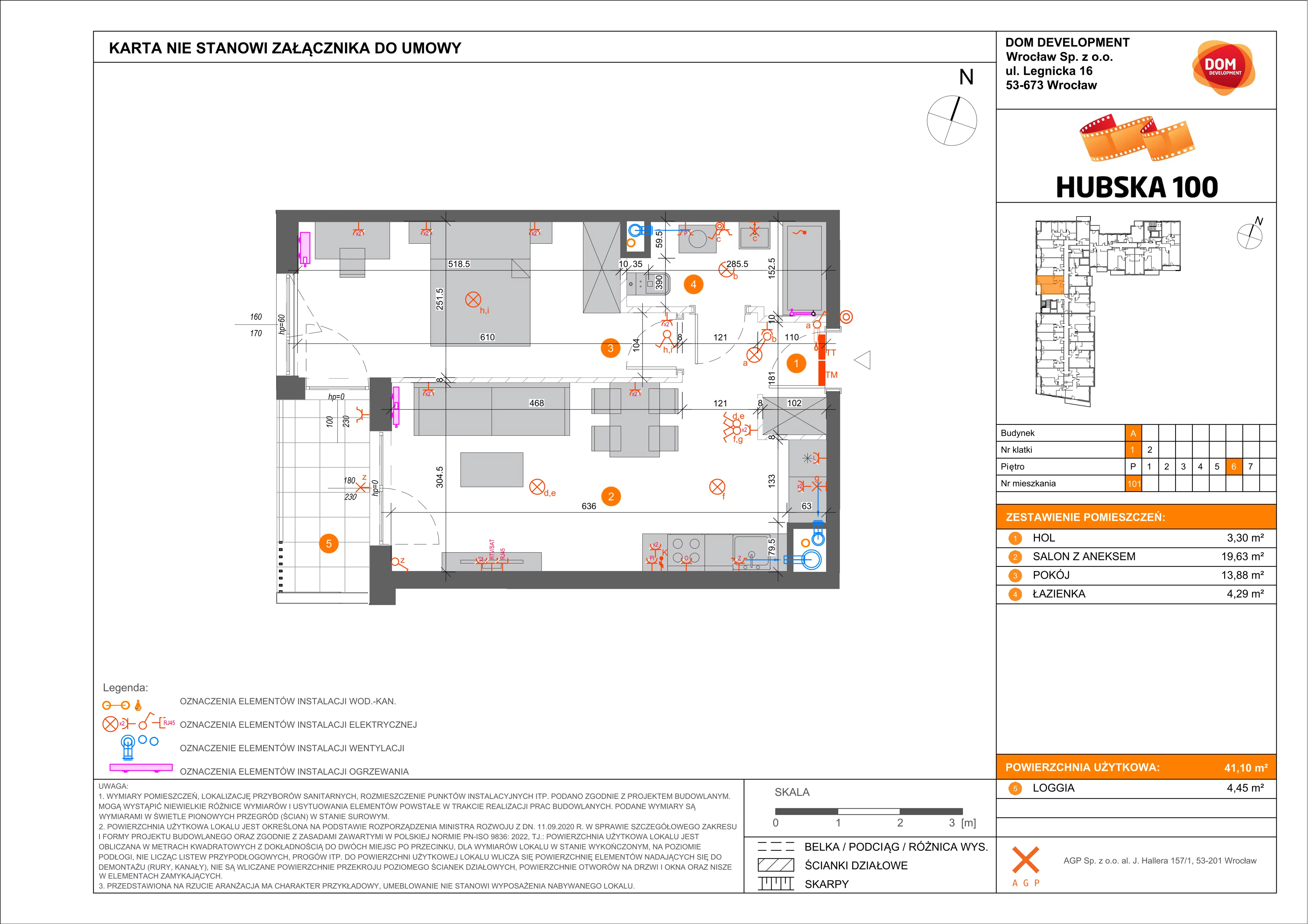 2 pokoje, mieszkanie 41,10 m², piętro 6, oferta nr A/101, Hubska 100 etap 2, Wrocław, Huby, Krzyki, ul. Hubska 100