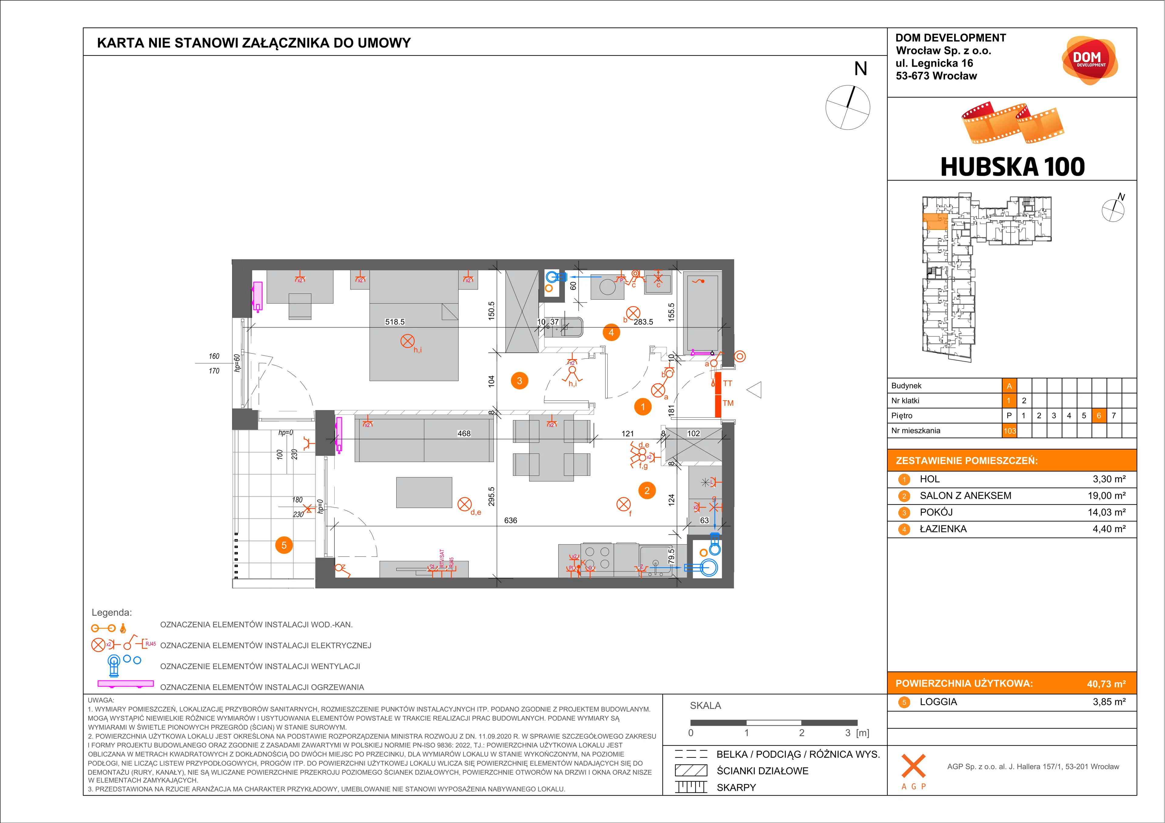 2 pokoje, mieszkanie 40,73 m², piętro 6, oferta nr A/103, Hubska 100 etap 2, Wrocław, Huby, Krzyki, ul. Hubska 100