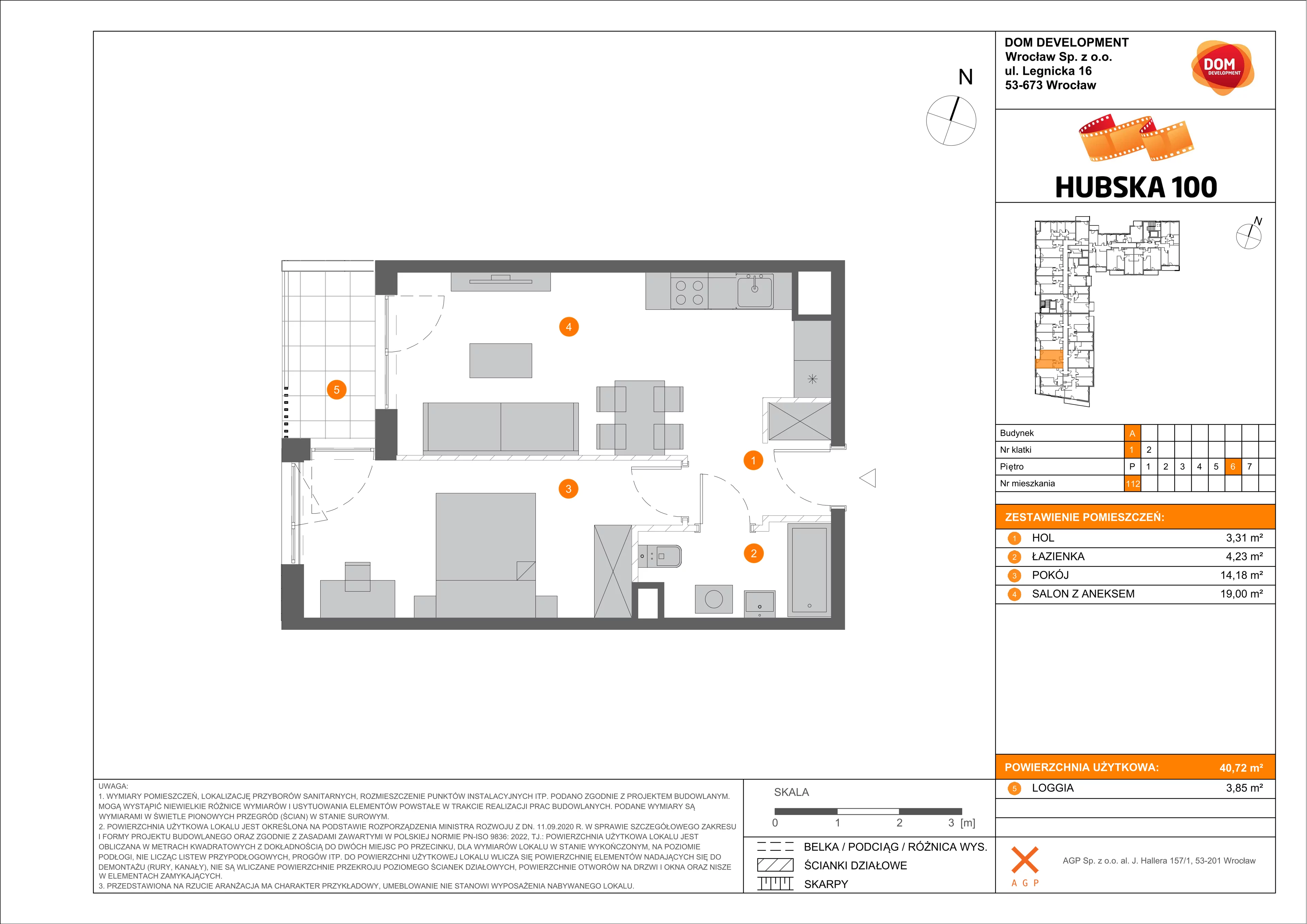 2 pokoje, mieszkanie 40,72 m², piętro 6, oferta nr A/112, Hubska 100 etap 2, Wrocław, Huby, Krzyki, ul. Hubska 100