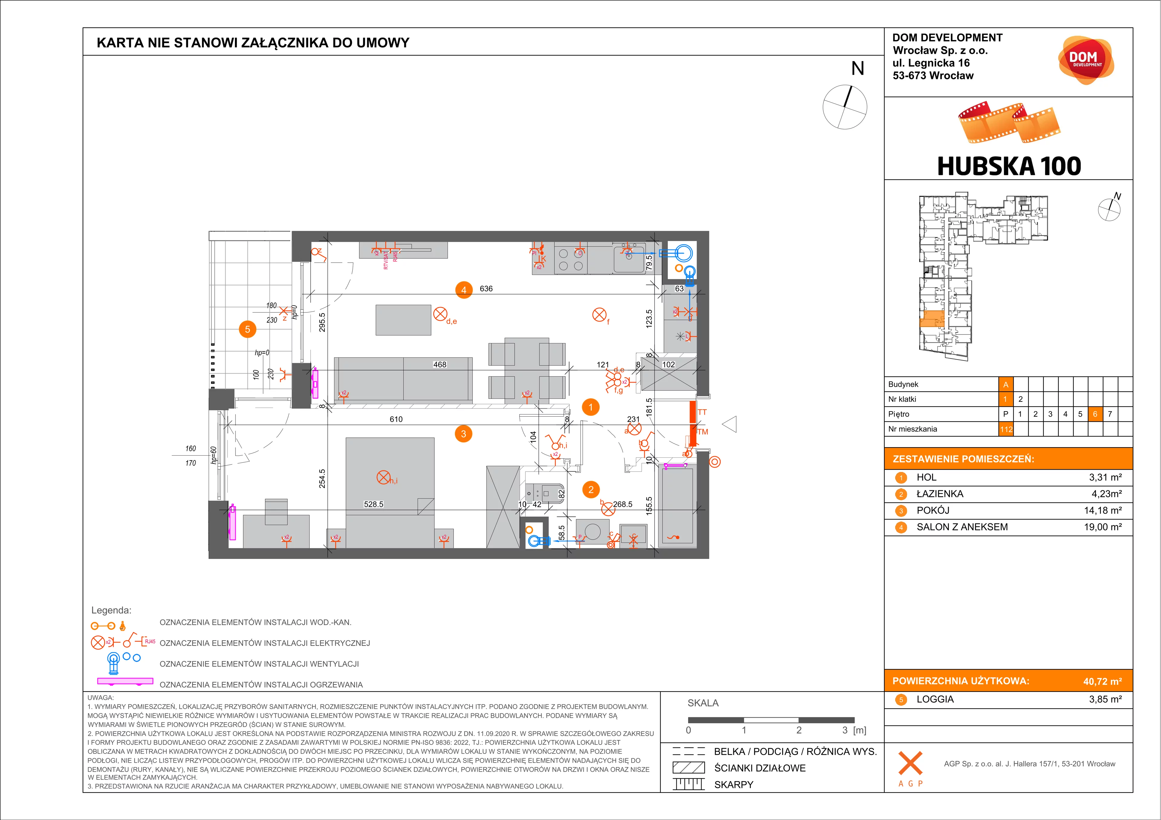 2 pokoje, mieszkanie 40,72 m², piętro 6, oferta nr A/112, Hubska 100 etap 2, Wrocław, Huby, Krzyki, ul. Hubska 100
