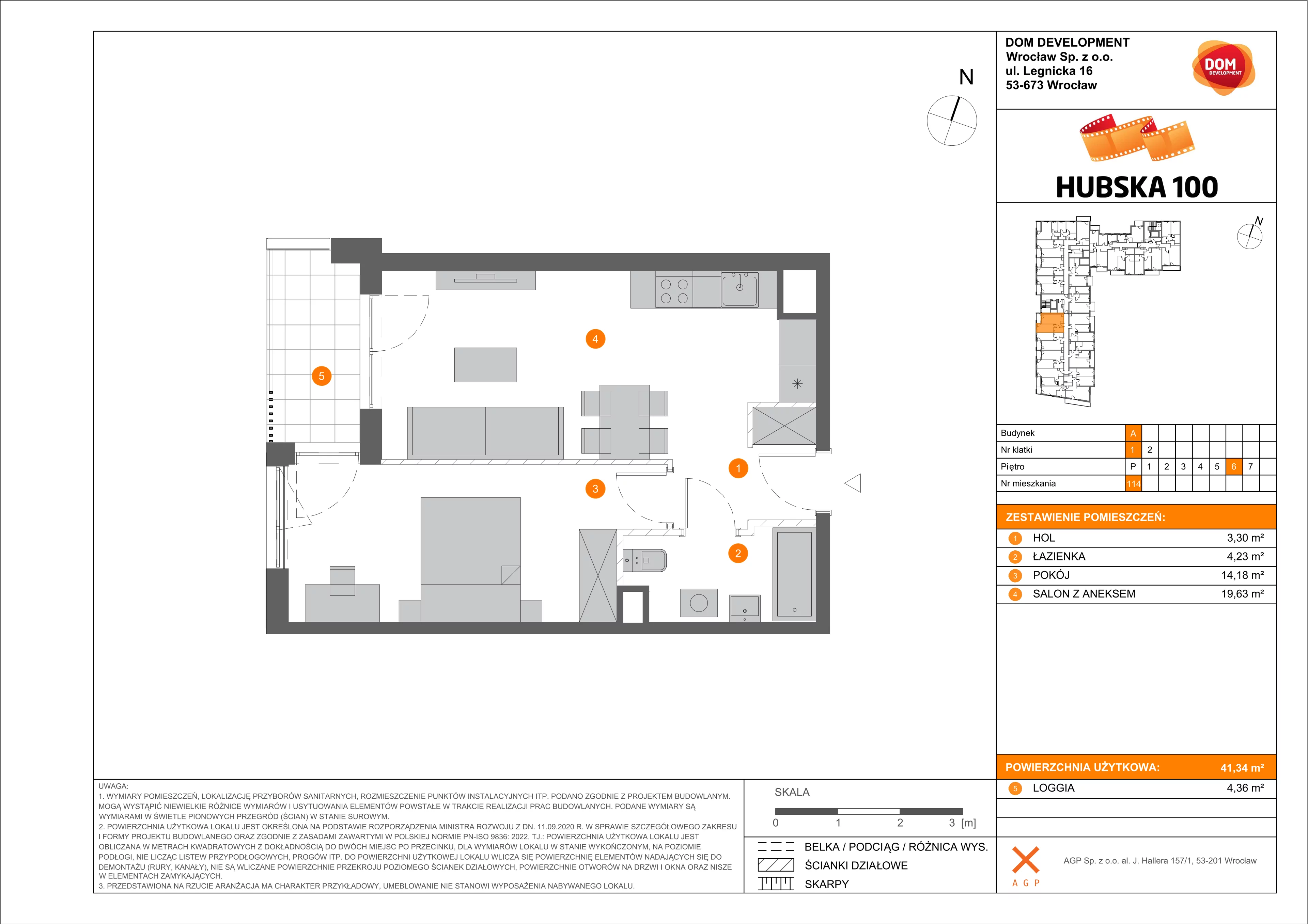 2 pokoje, mieszkanie 41,34 m², piętro 6, oferta nr A/114, Hubska 100 etap 2, Wrocław, Huby, Krzyki, ul. Hubska 100