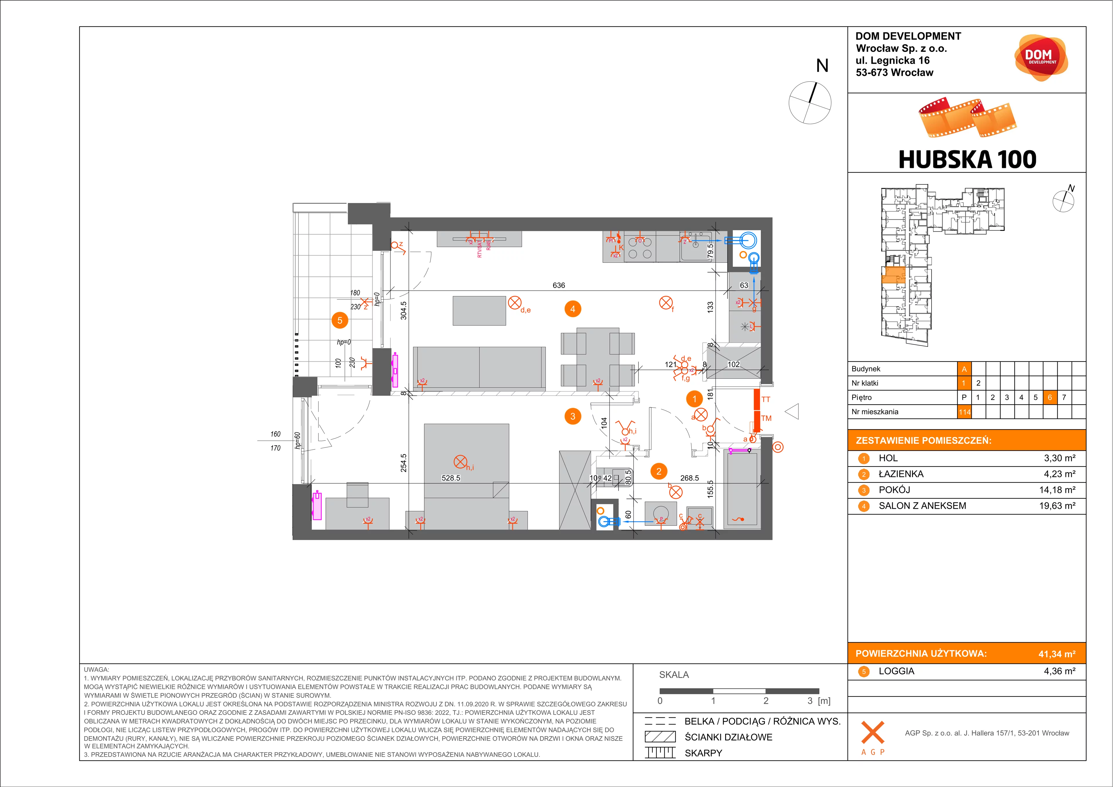 2 pokoje, mieszkanie 41,34 m², piętro 6, oferta nr A/114, Hubska 100 etap 2, Wrocław, Huby, Krzyki, ul. Hubska 100