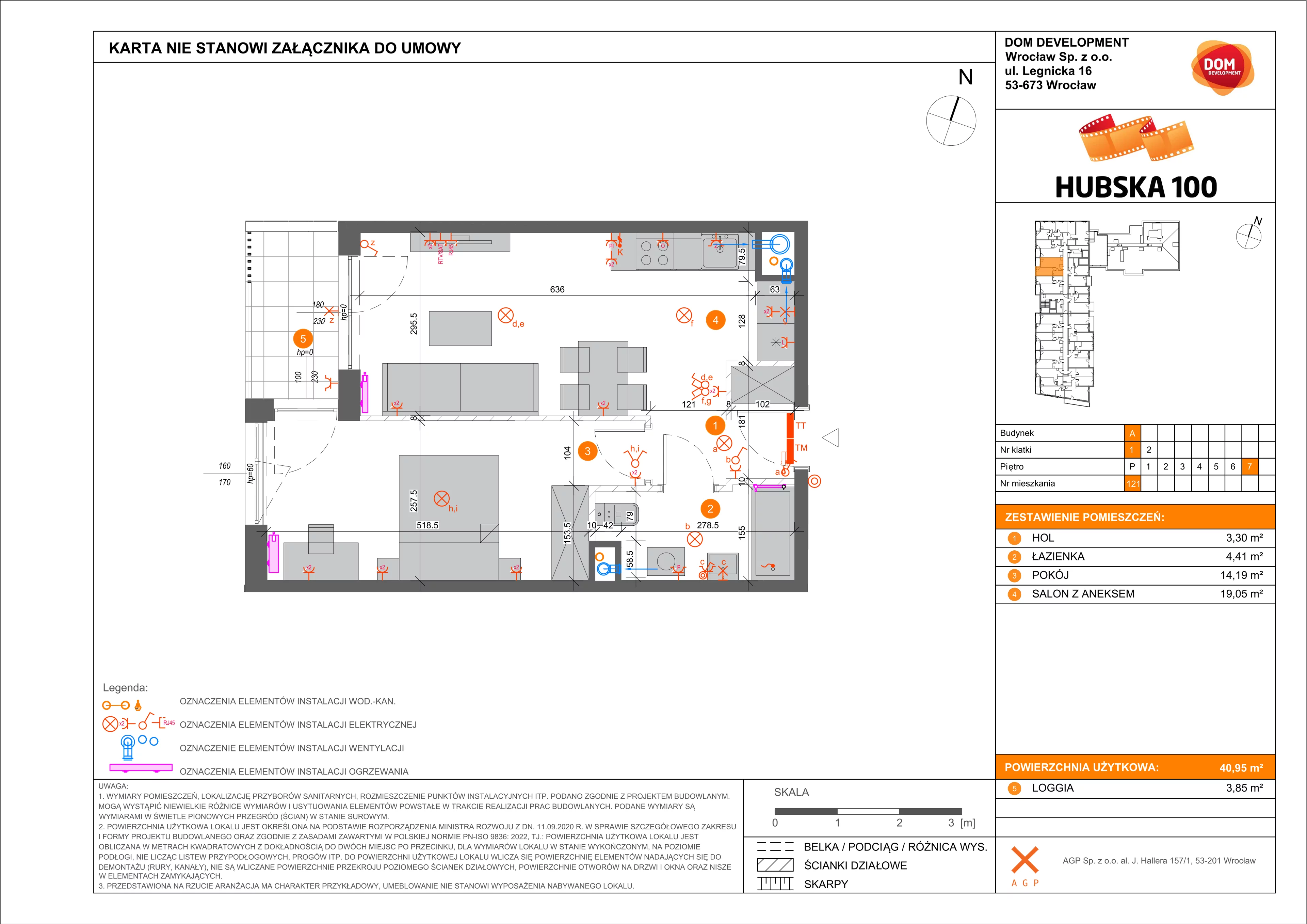 2 pokoje, mieszkanie 40,95 m², piętro 7, oferta nr A/121, Hubska 100 etap 2, Wrocław, Huby, Krzyki, ul. Hubska 100