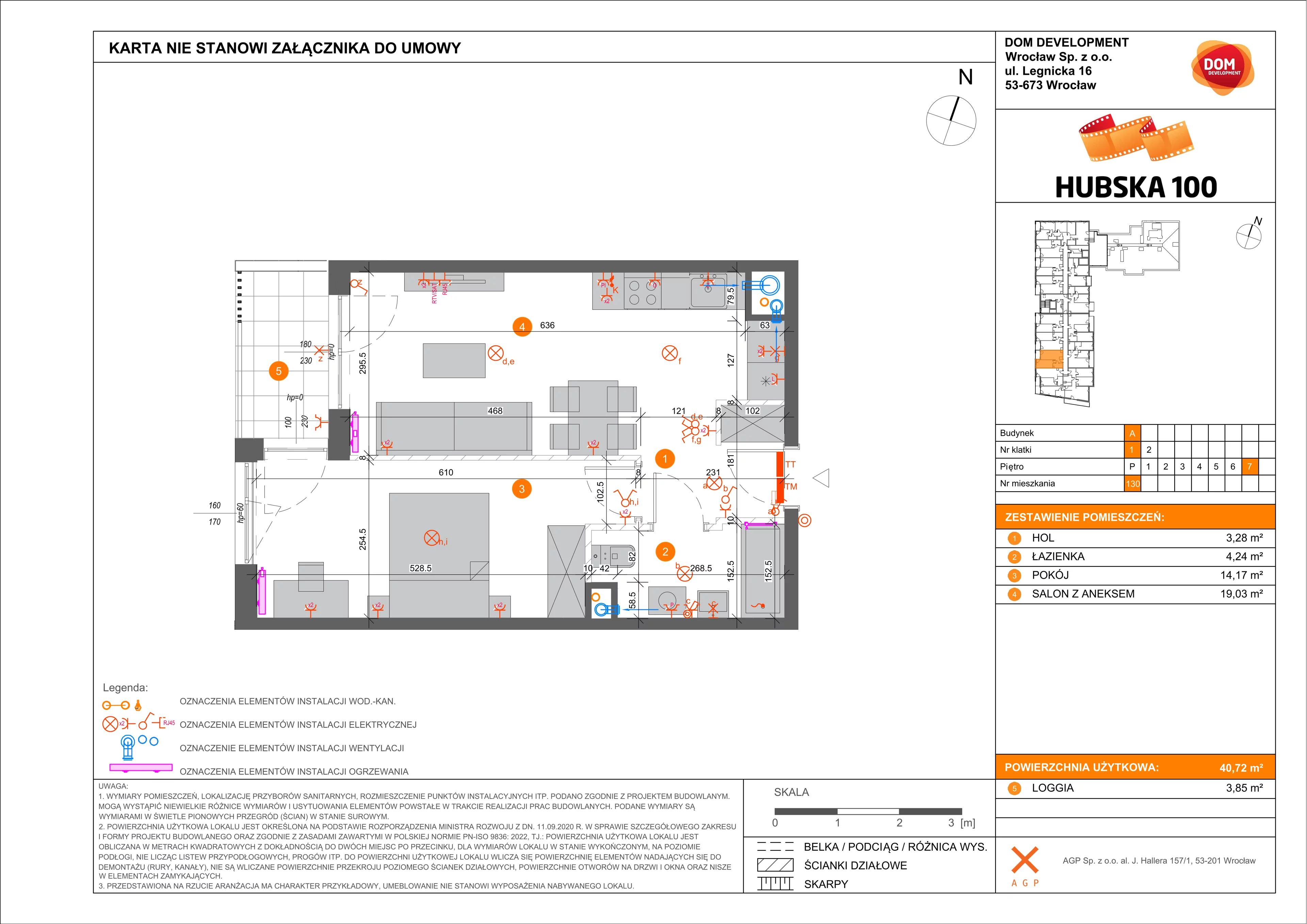 2 pokoje, mieszkanie 40,72 m², piętro 7, oferta nr A/130, Hubska 100 etap 2, Wrocław, Huby, Krzyki, ul. Hubska 100