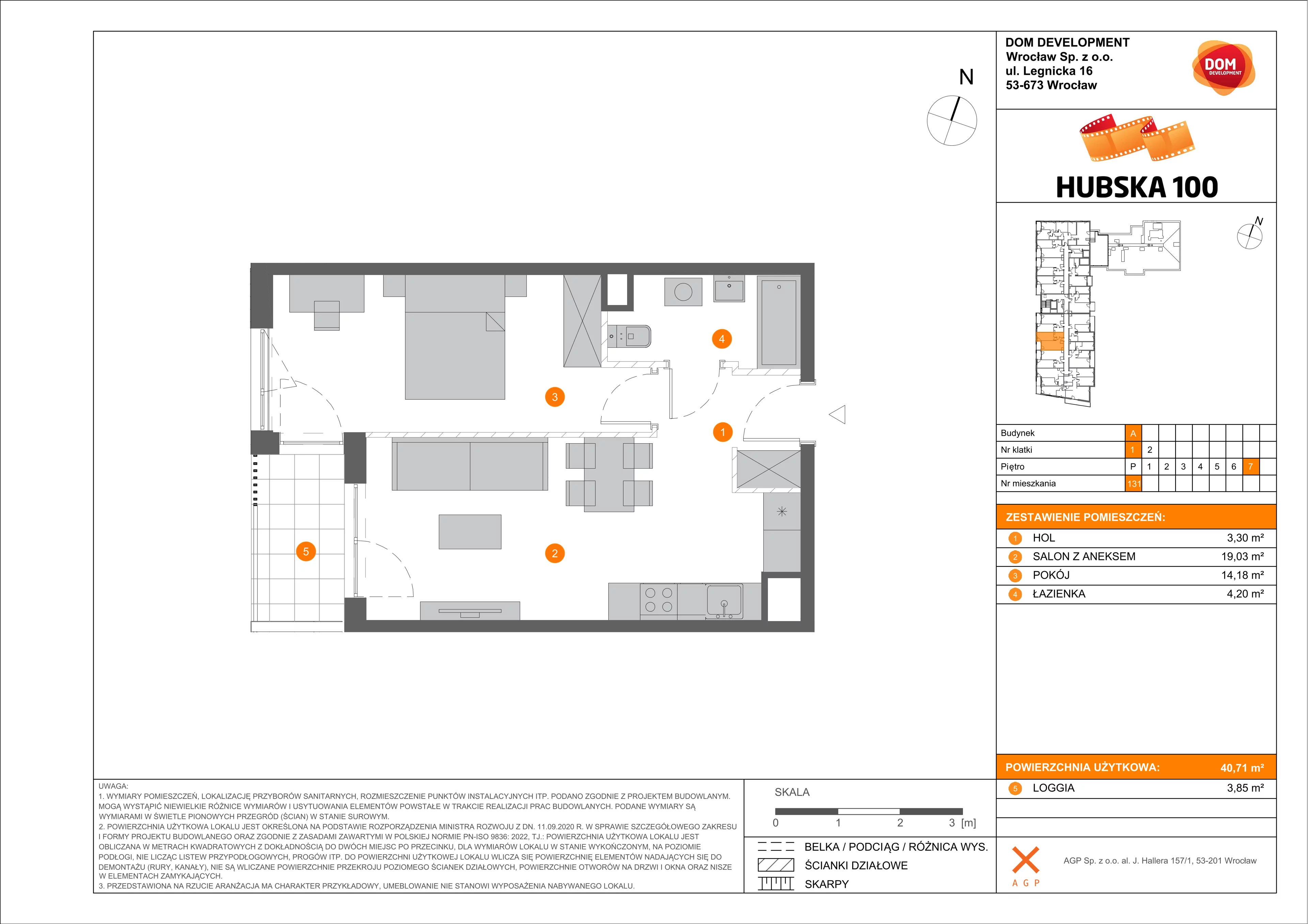 2 pokoje, mieszkanie 40,71 m², piętro 7, oferta nr A/131, Hubska 100 etap 2, Wrocław, Huby, Krzyki, ul. Hubska 100