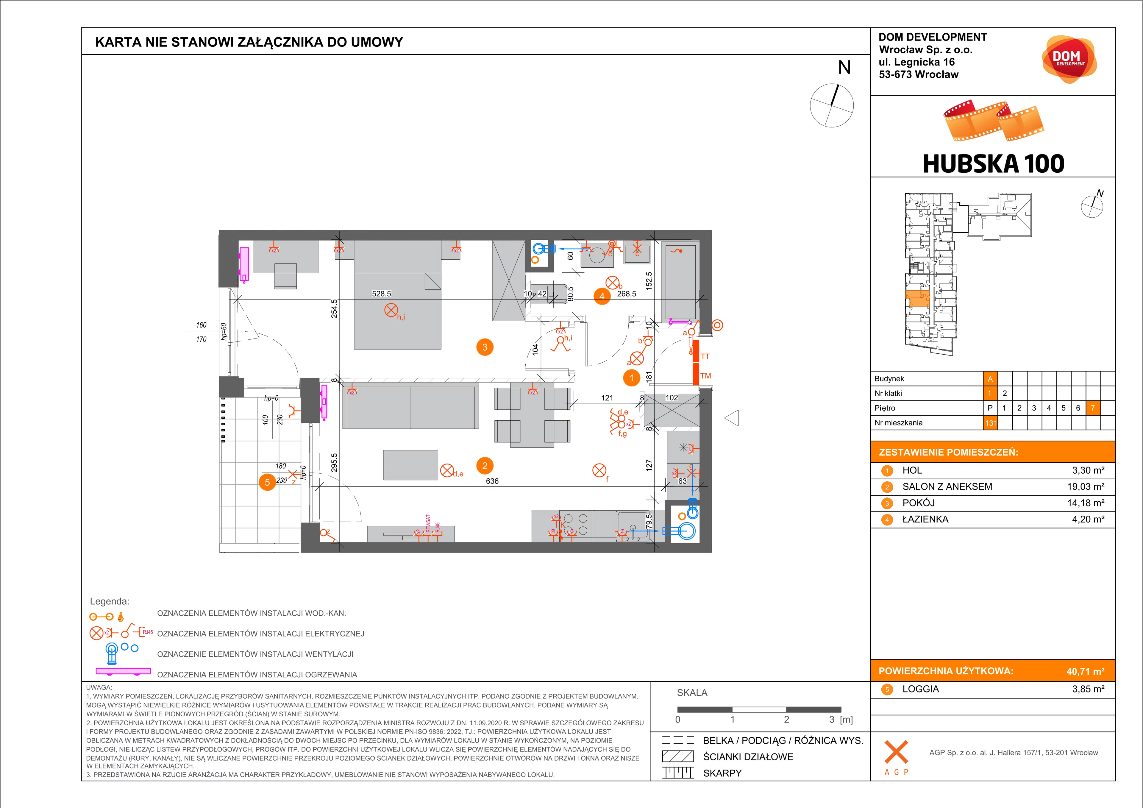 2 pokoje, mieszkanie 40,71 m², piętro 7, oferta nr A/131, Hubska 100 etap 2, Wrocław, Huby, Krzyki, ul. Hubska 100