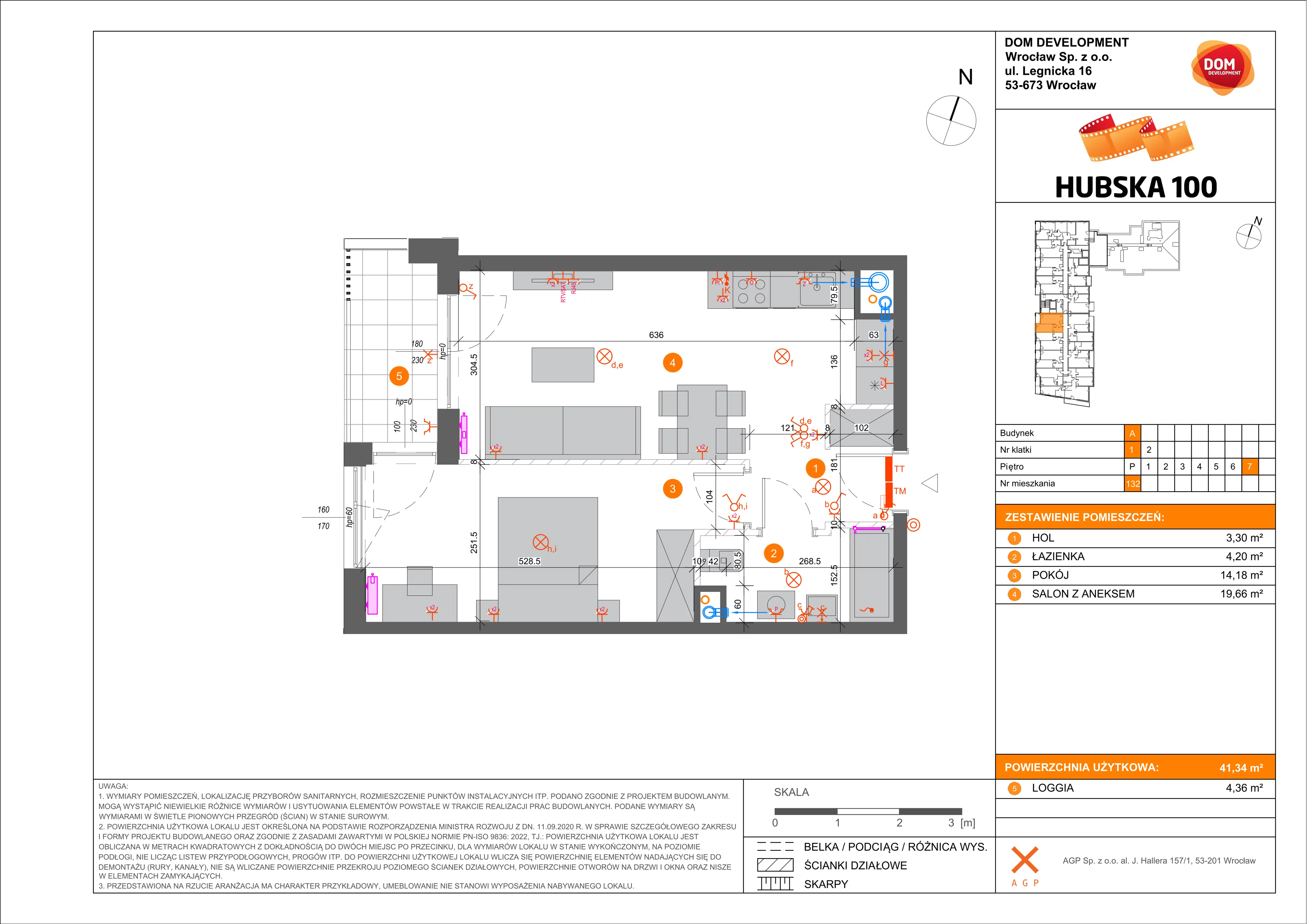 2 pokoje, mieszkanie 41,34 m², piętro 7, oferta nr A/132, Hubska 100 etap 2, Wrocław, Huby, Krzyki, ul. Hubska 100