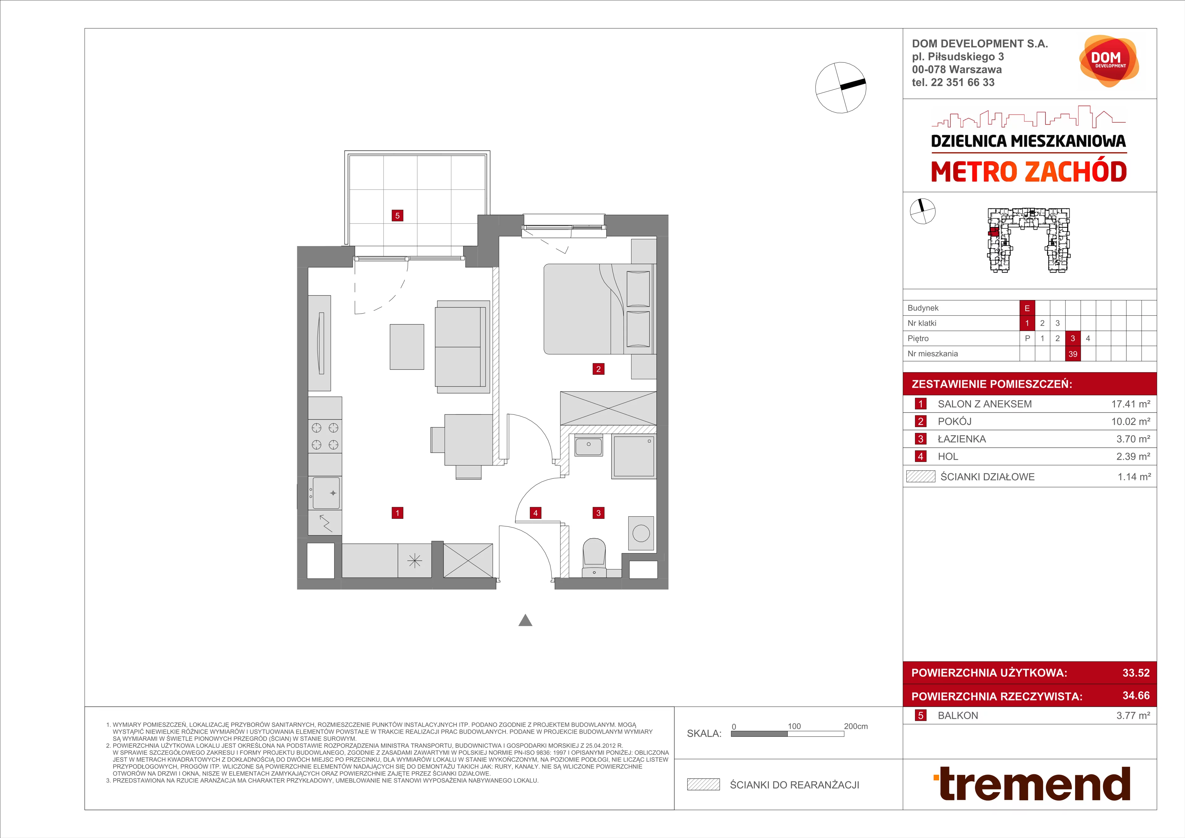 2 pokoje, mieszkanie 33,52 m², piętro 3, oferta nr E/39, Metro Zachód 8 bud. E-H, Warszawa, Bemowo, Chrzanów, ul. Jana Heweliusza