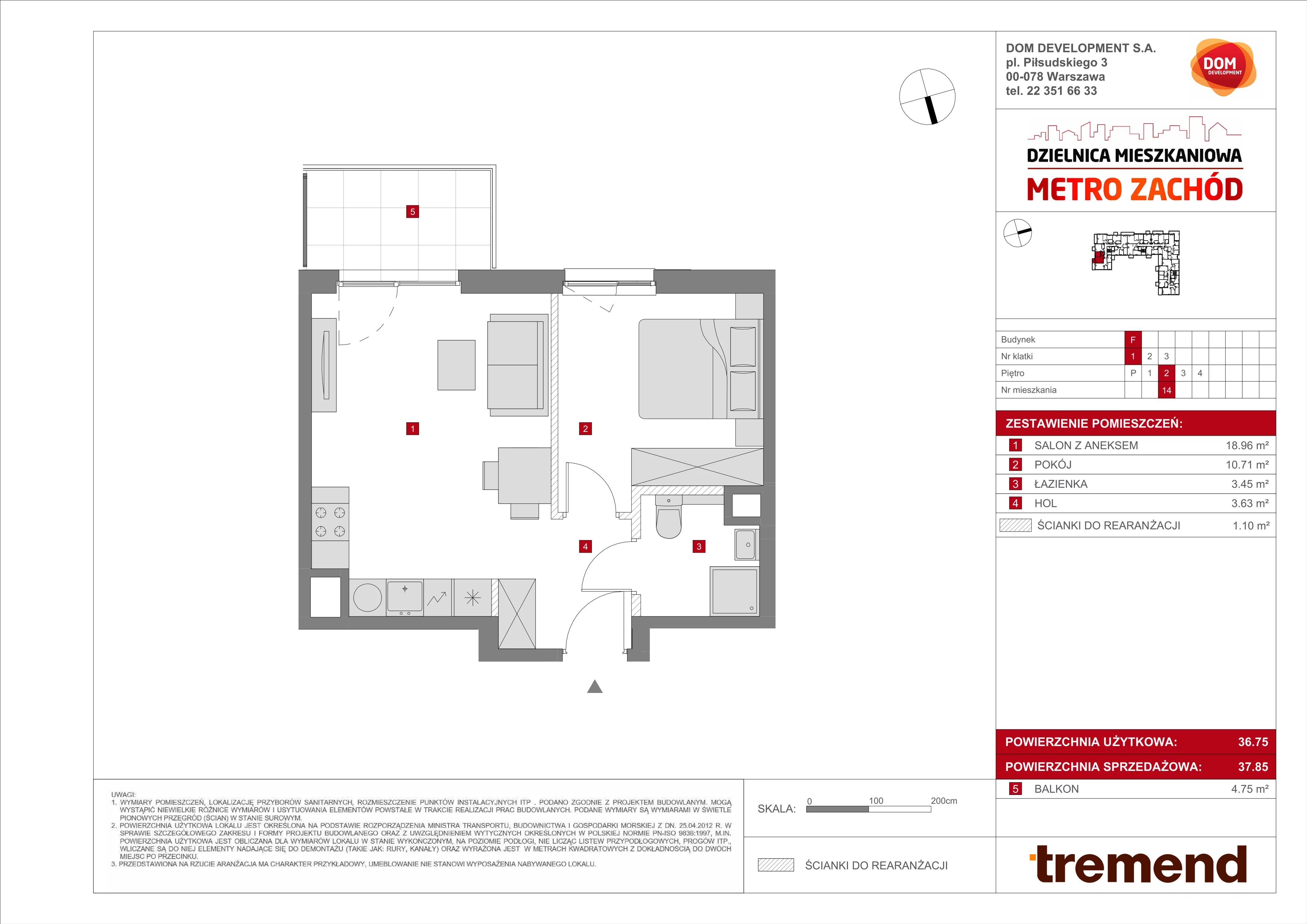 2 pokoje, mieszkanie 37,85 m², piętro 2, oferta nr F/14, Metro Zachód 8 bud. E-H, Warszawa, Bemowo, Chrzanów, ul. Jana Heweliusza