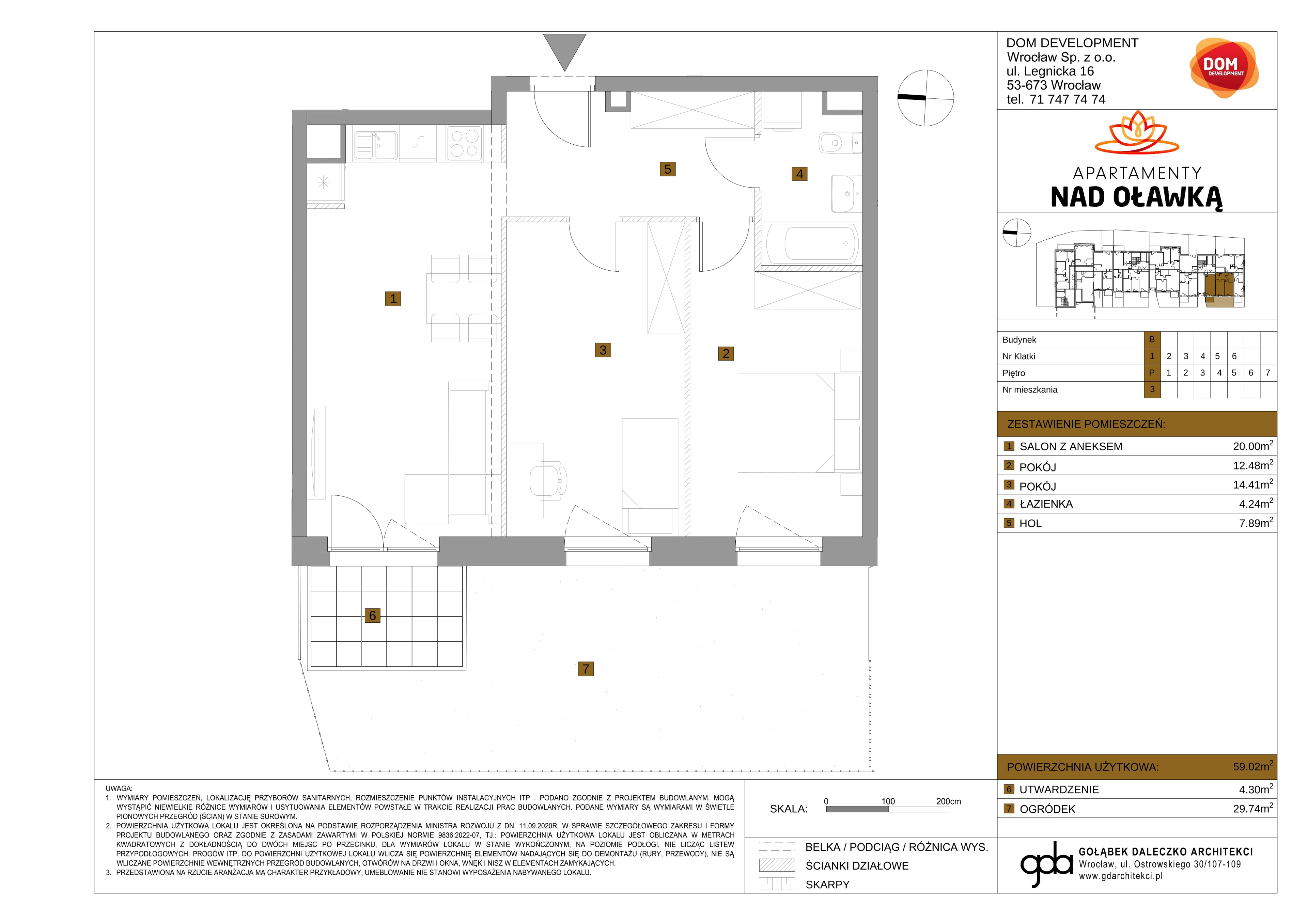 2 pokoje, mieszkanie 59,02 m², parter, oferta nr B/3, Apartamenty nad Oławką 2, Wrocław, Przedmieście Oławskie, Krzyki, ul. Krakowska 98a