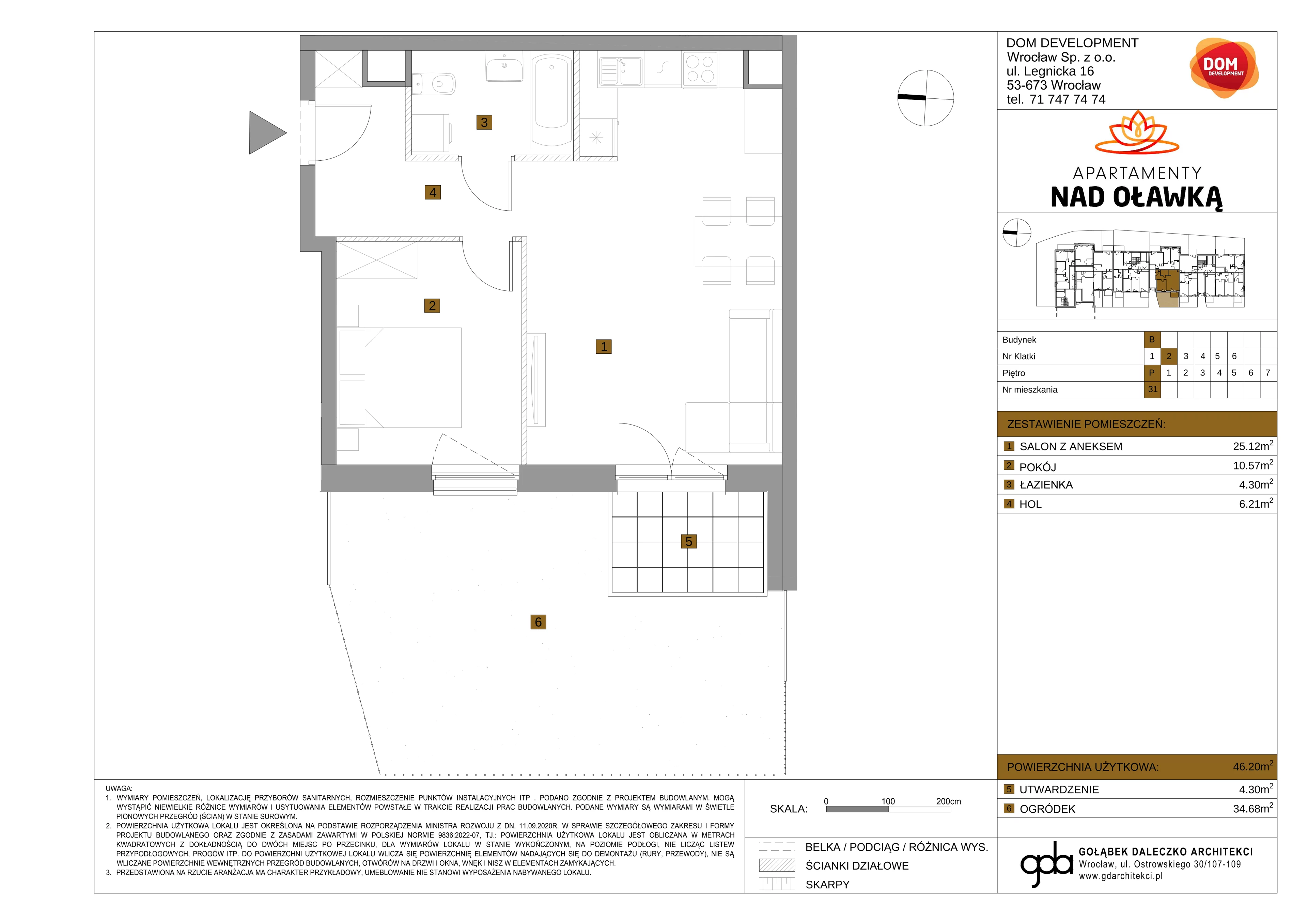 2 pokoje, mieszkanie 46,20 m², parter, oferta nr B/31, Apartamenty nad Oławką 2, Wrocław, Przedmieście Oławskie, Krzyki, ul. Krakowska 98a