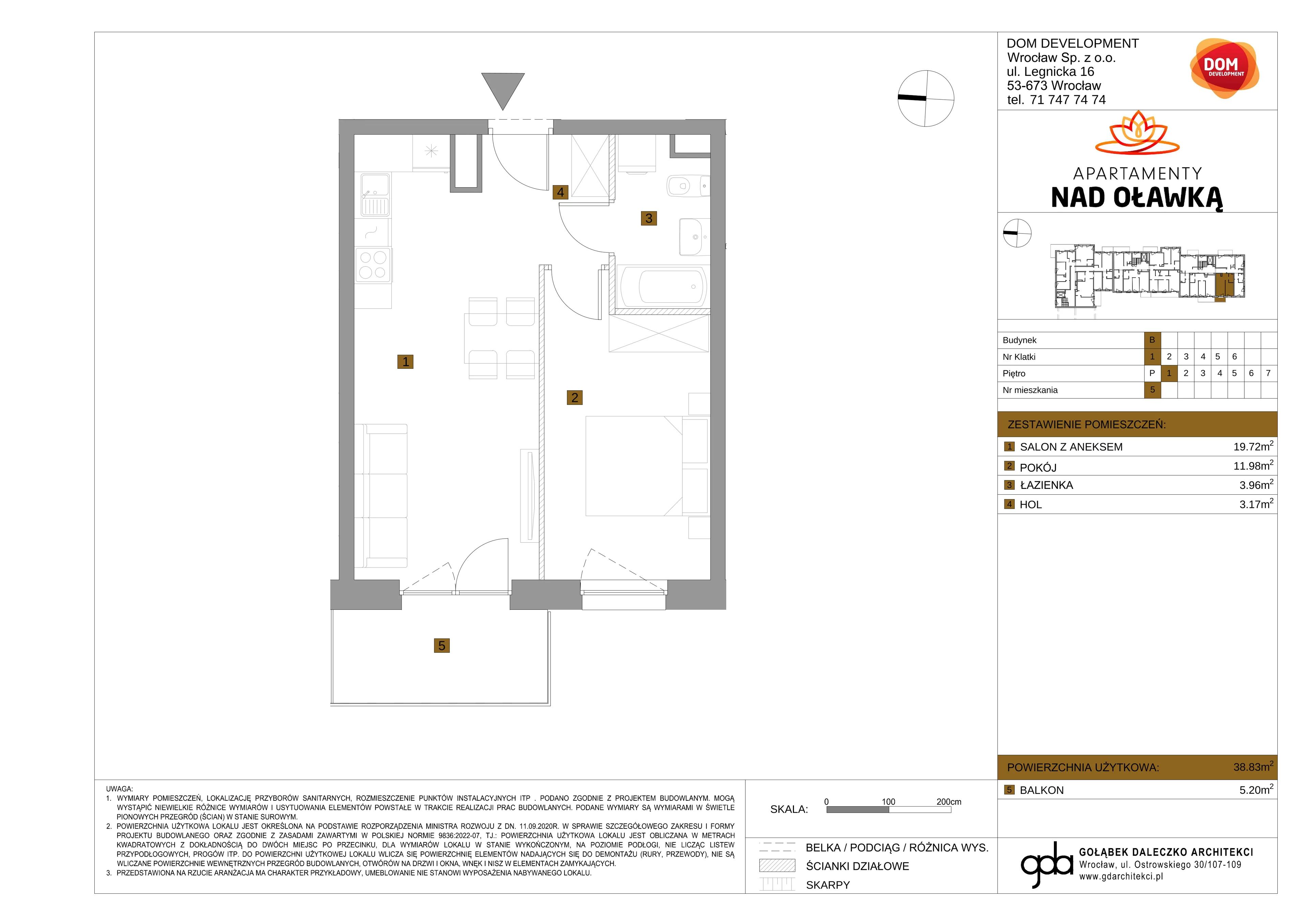 2 pokoje, mieszkanie 38,83 m², piętro 1, oferta nr B/5, Apartamenty nad Oławką 2, Wrocław, Przedmieście Oławskie, Krzyki, ul. Krakowska 98a