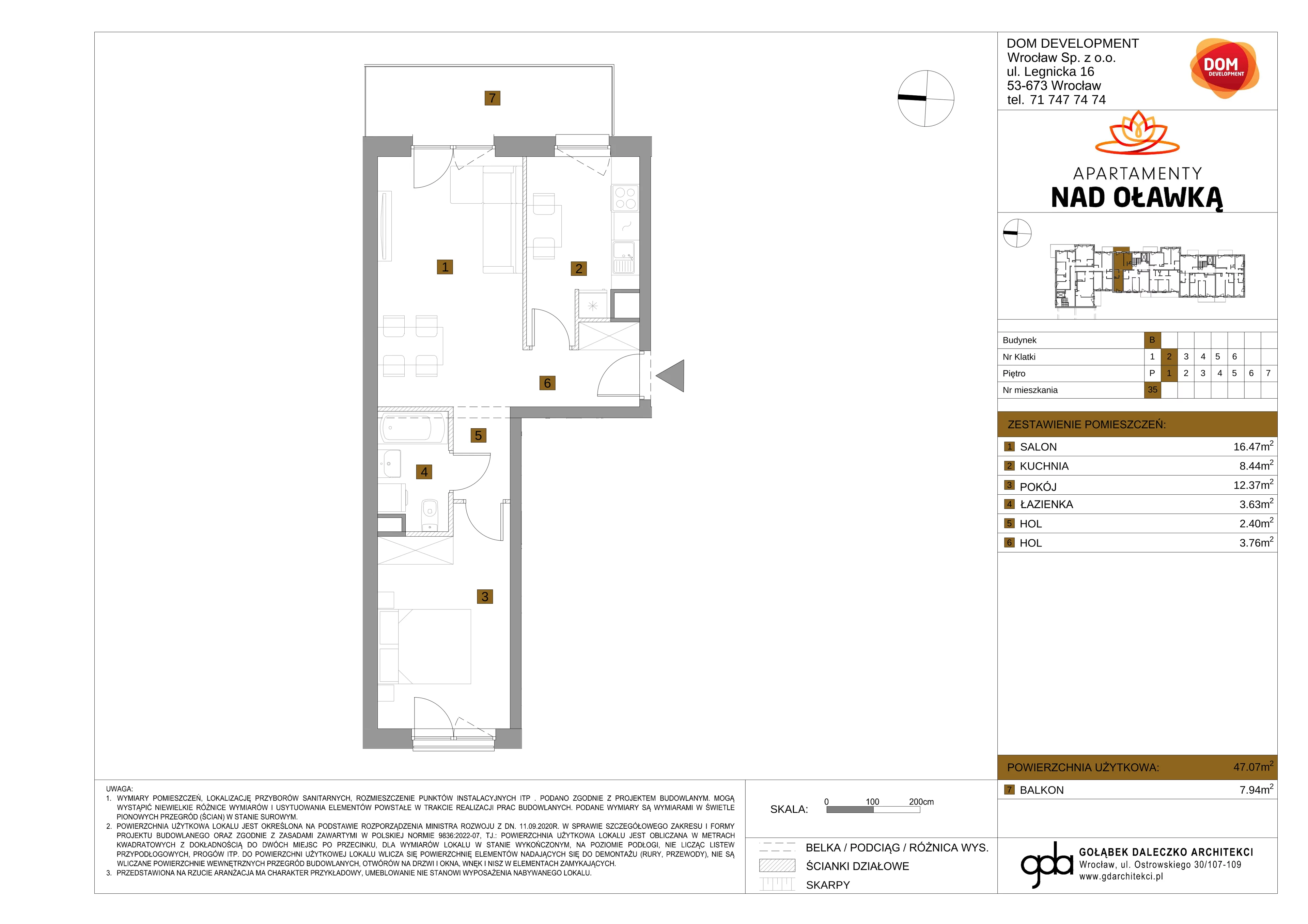 2 pokoje, mieszkanie 47,07 m², piętro 1, oferta nr B/35, Apartamenty nad Oławką 2, Wrocław, Przedmieście Oławskie, Krzyki, ul. Krakowska 98a