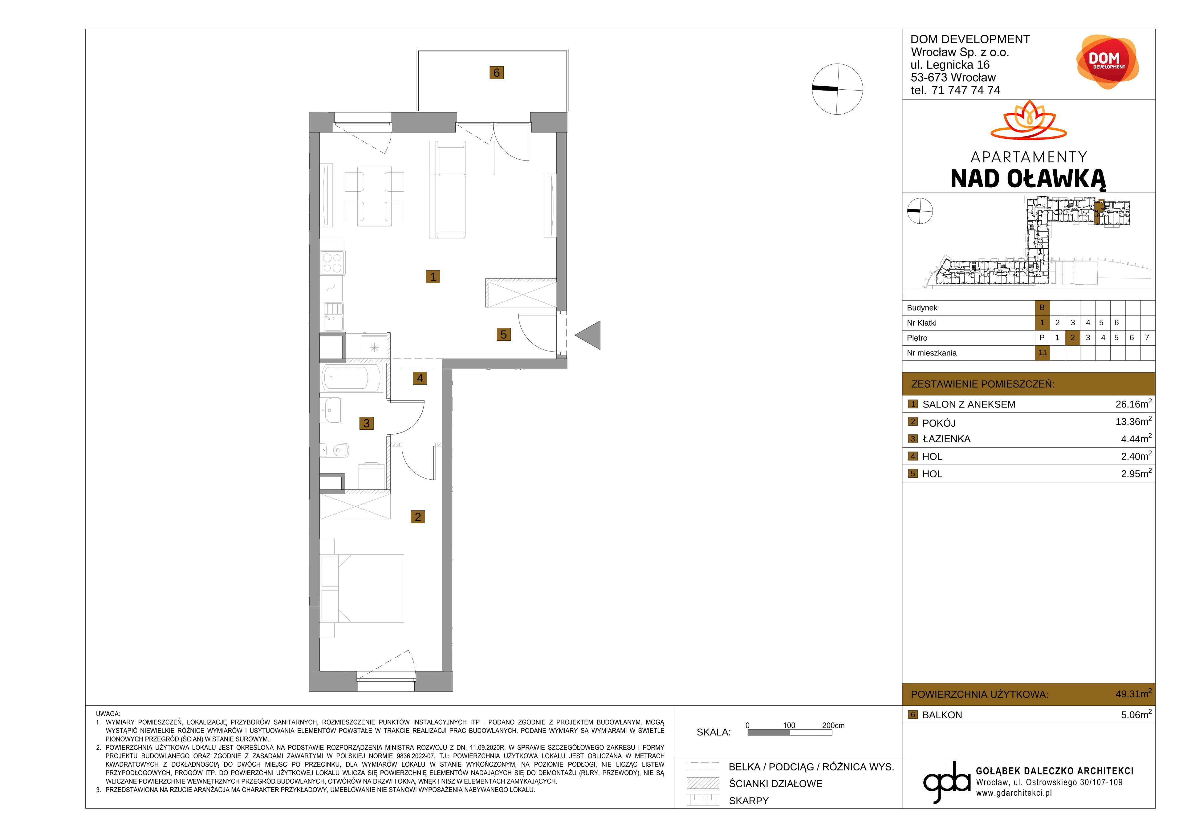 2 pokoje, mieszkanie 49,31 m², piętro 2, oferta nr B/11, Apartamenty nad Oławką 2, Wrocław, Przedmieście Oławskie, Krzyki, ul. Krakowska 98a