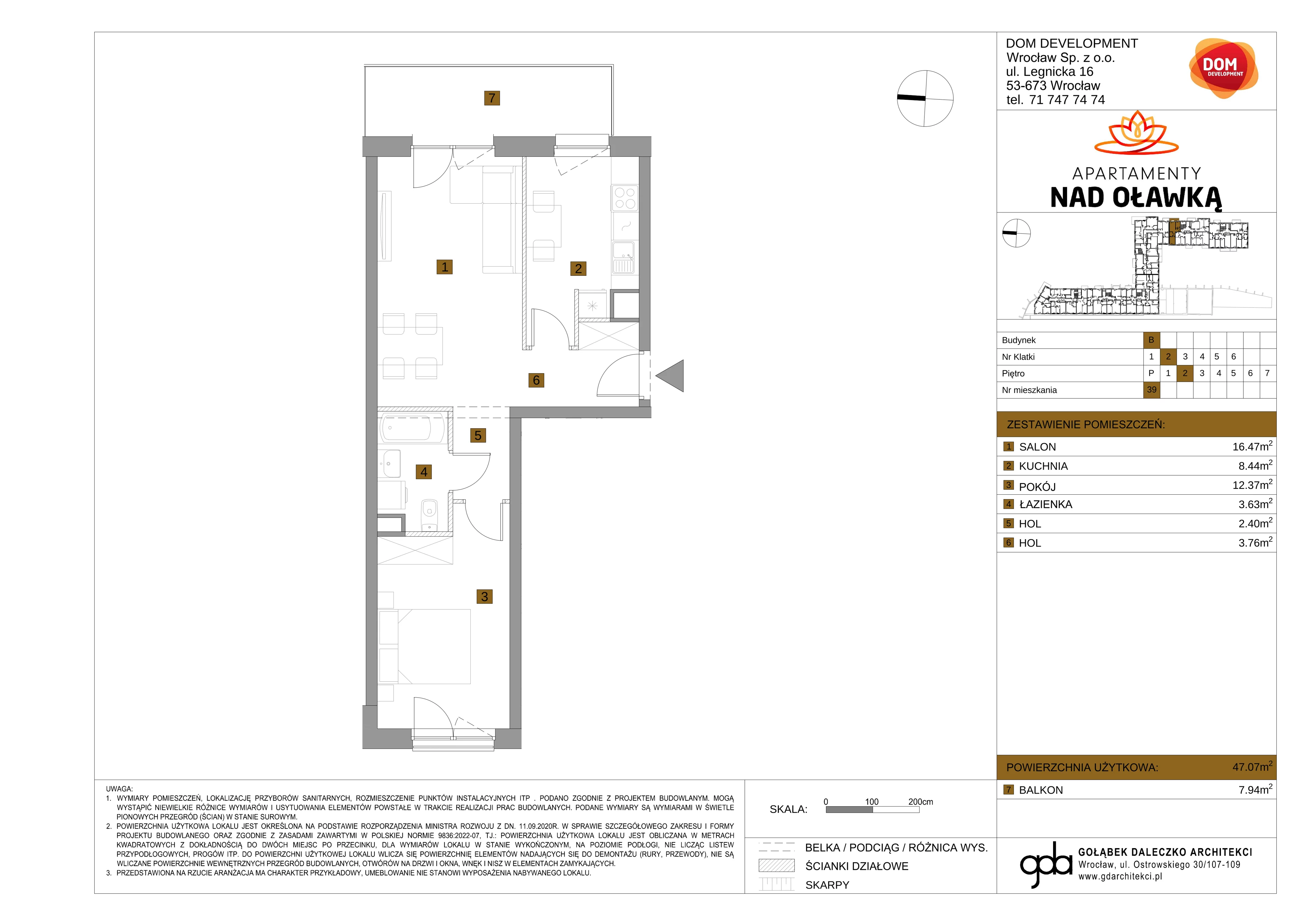 2 pokoje, mieszkanie 47,07 m², piętro 2, oferta nr B/39, Apartamenty nad Oławką 2, Wrocław, Przedmieście Oławskie, Krzyki, ul. Krakowska 98a