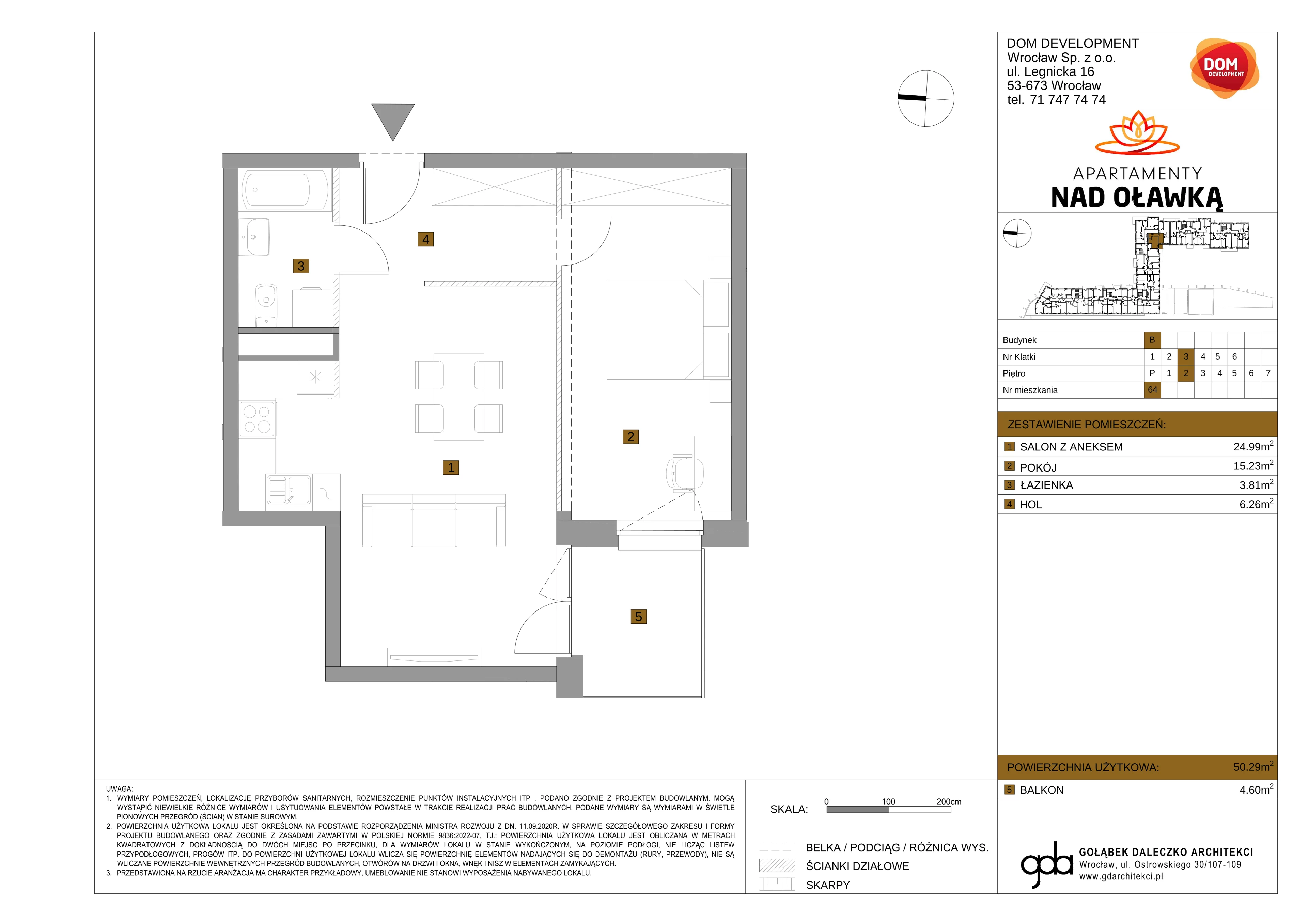 2 pokoje, mieszkanie 50,29 m², piętro 2, oferta nr B/64, Apartamenty nad Oławką 2, Wrocław, Przedmieście Oławskie, Krzyki, ul. Krakowska 98a