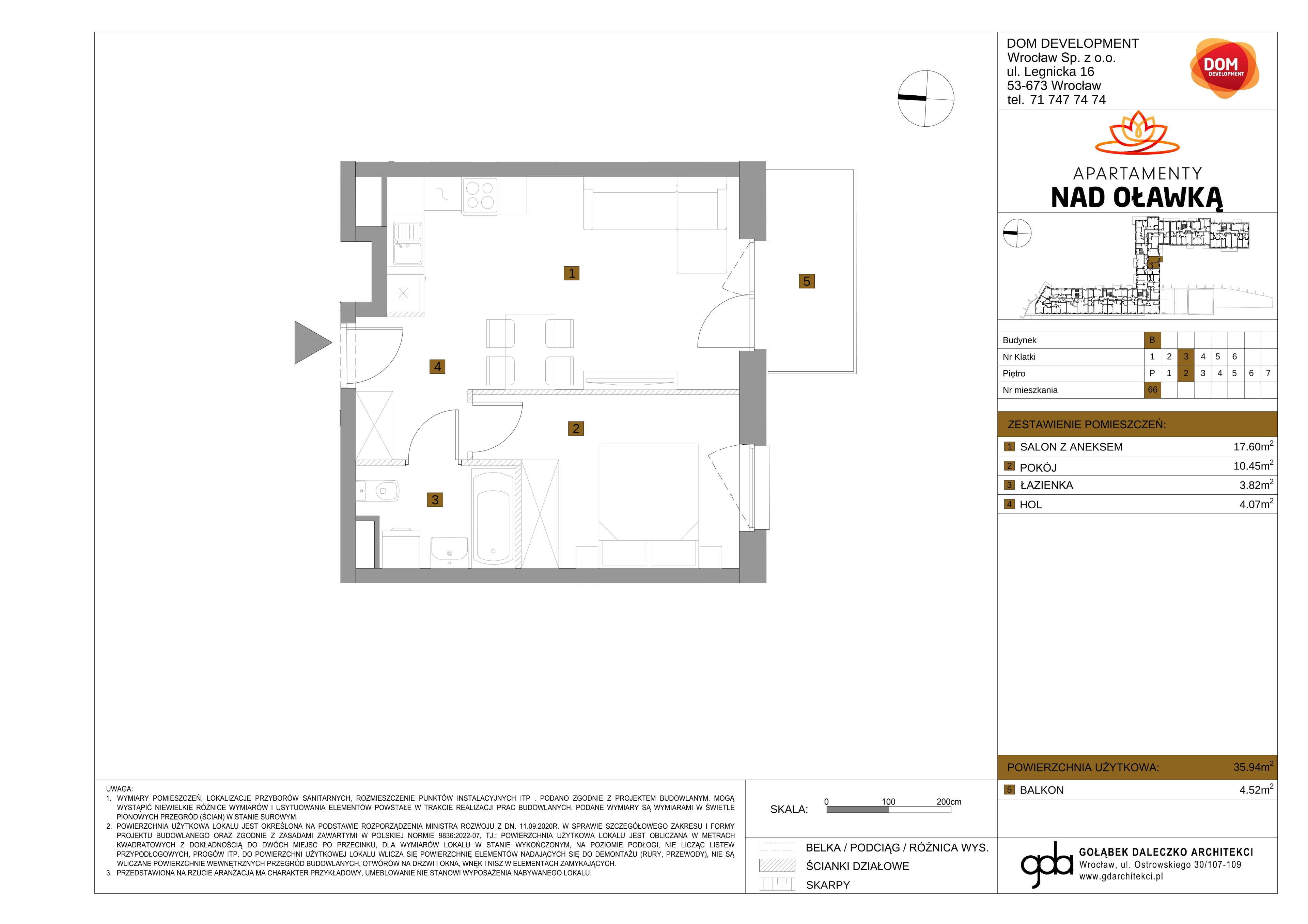 2 pokoje, mieszkanie 35,94 m², piętro 2, oferta nr B/66, Apartamenty nad Oławką 2, Wrocław, Przedmieście Oławskie, Krzyki, ul. Krakowska 98a