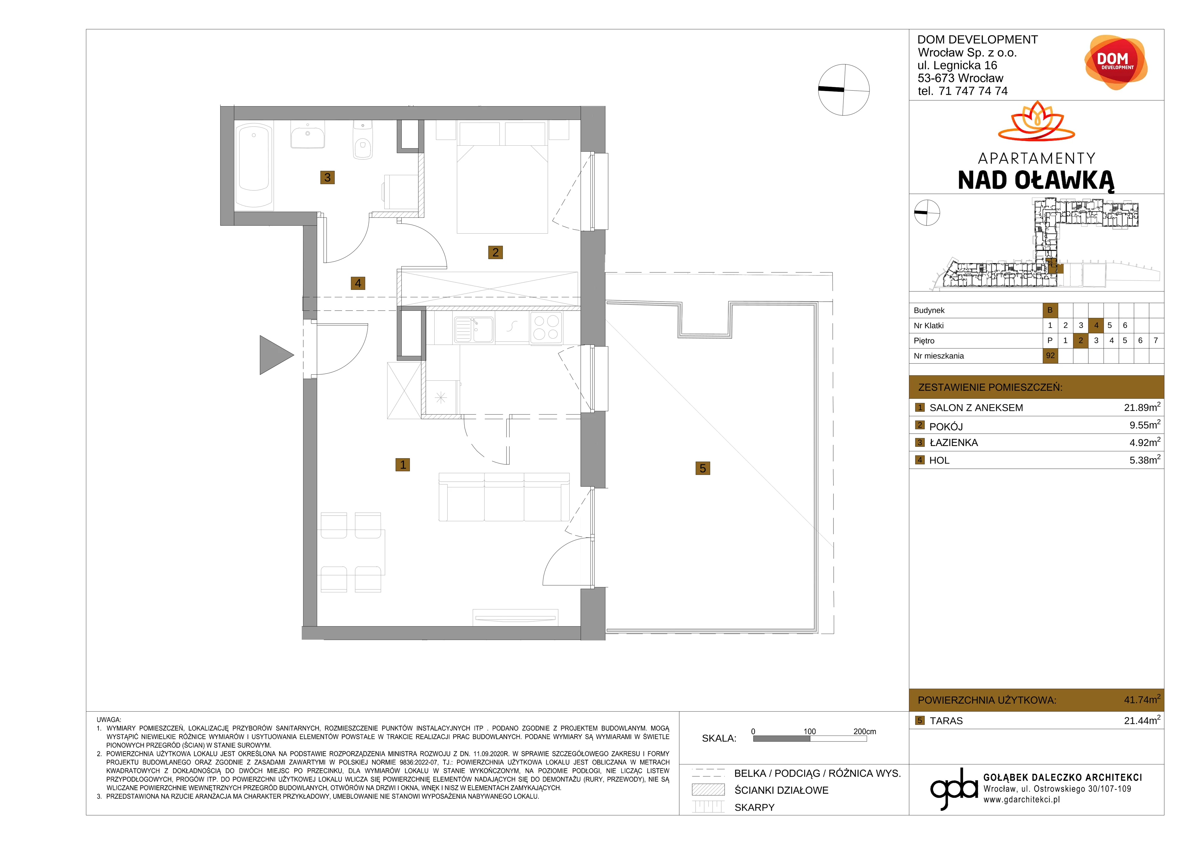 2 pokoje, mieszkanie 41,74 m², piętro 2, oferta nr B/92, Apartamenty nad Oławką 2, Wrocław, Przedmieście Oławskie, Krzyki, ul. Krakowska 98a