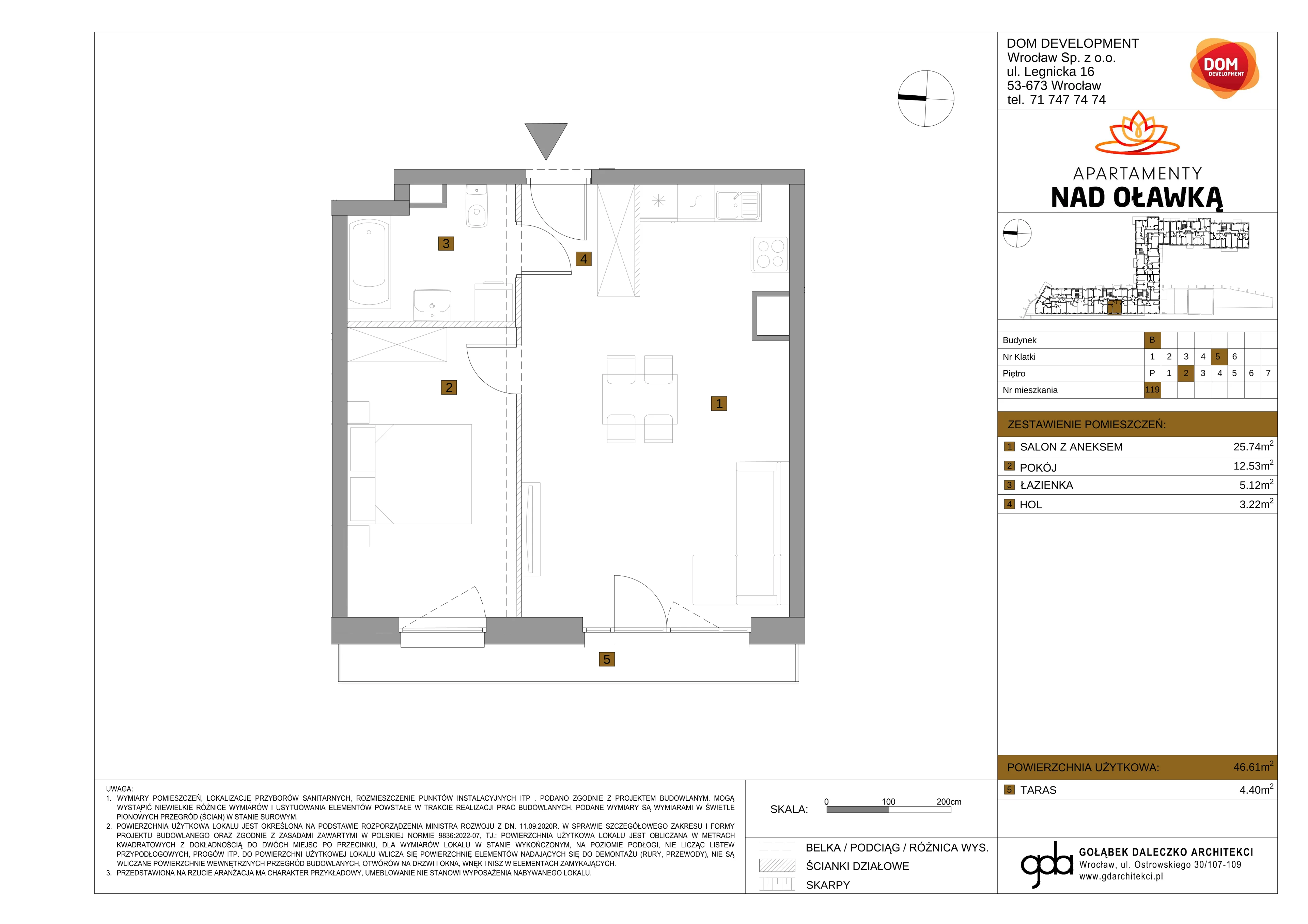 2 pokoje, mieszkanie 46,61 m², piętro 2, oferta nr B/119, Apartamenty nad Oławką 2, Wrocław, Przedmieście Oławskie, Krzyki, ul. Krakowska 98a