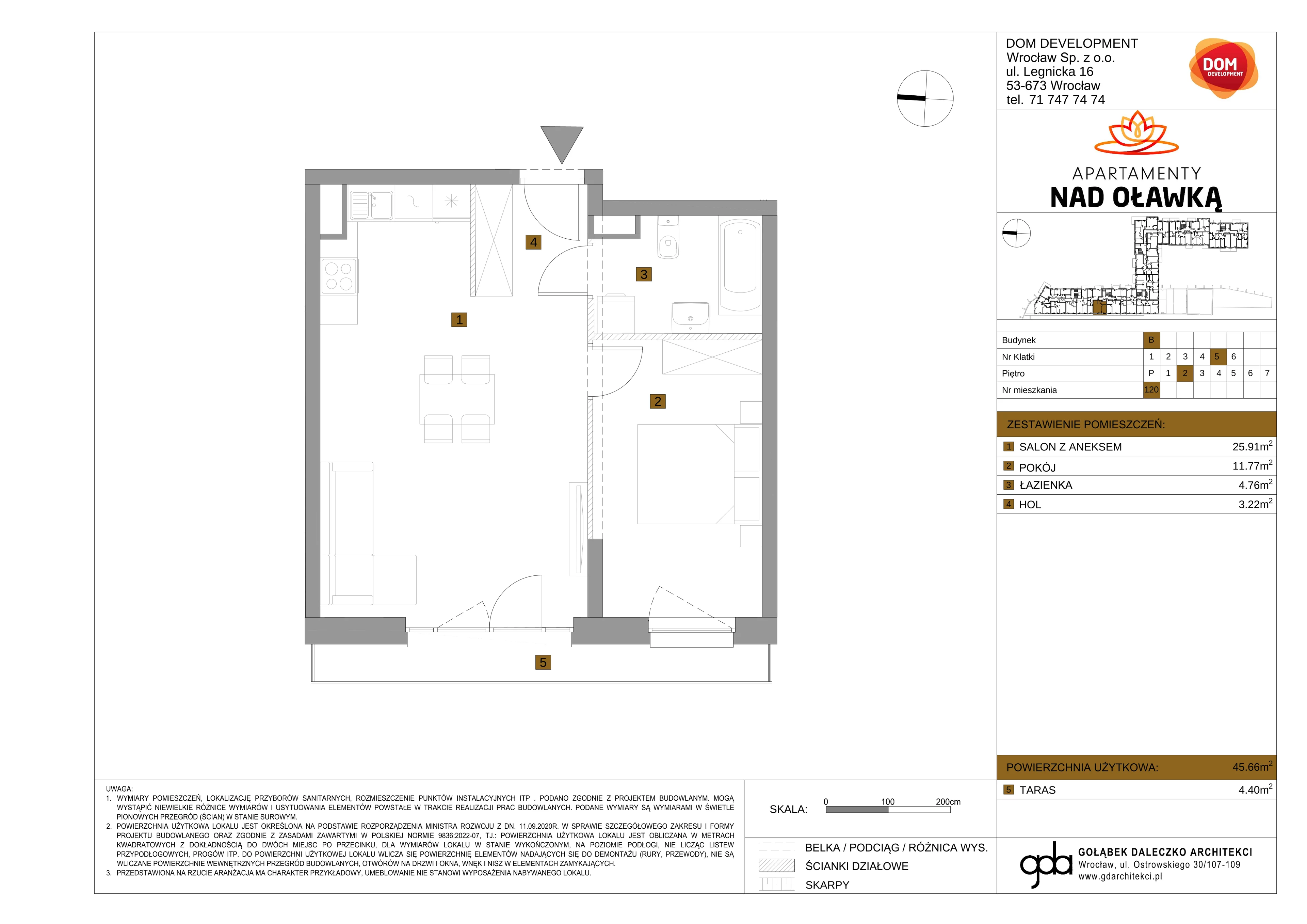 2 pokoje, mieszkanie 45,66 m², piętro 2, oferta nr B/120, Apartamenty nad Oławką 2, Wrocław, Przedmieście Oławskie, Krzyki, ul. Krakowska 98a