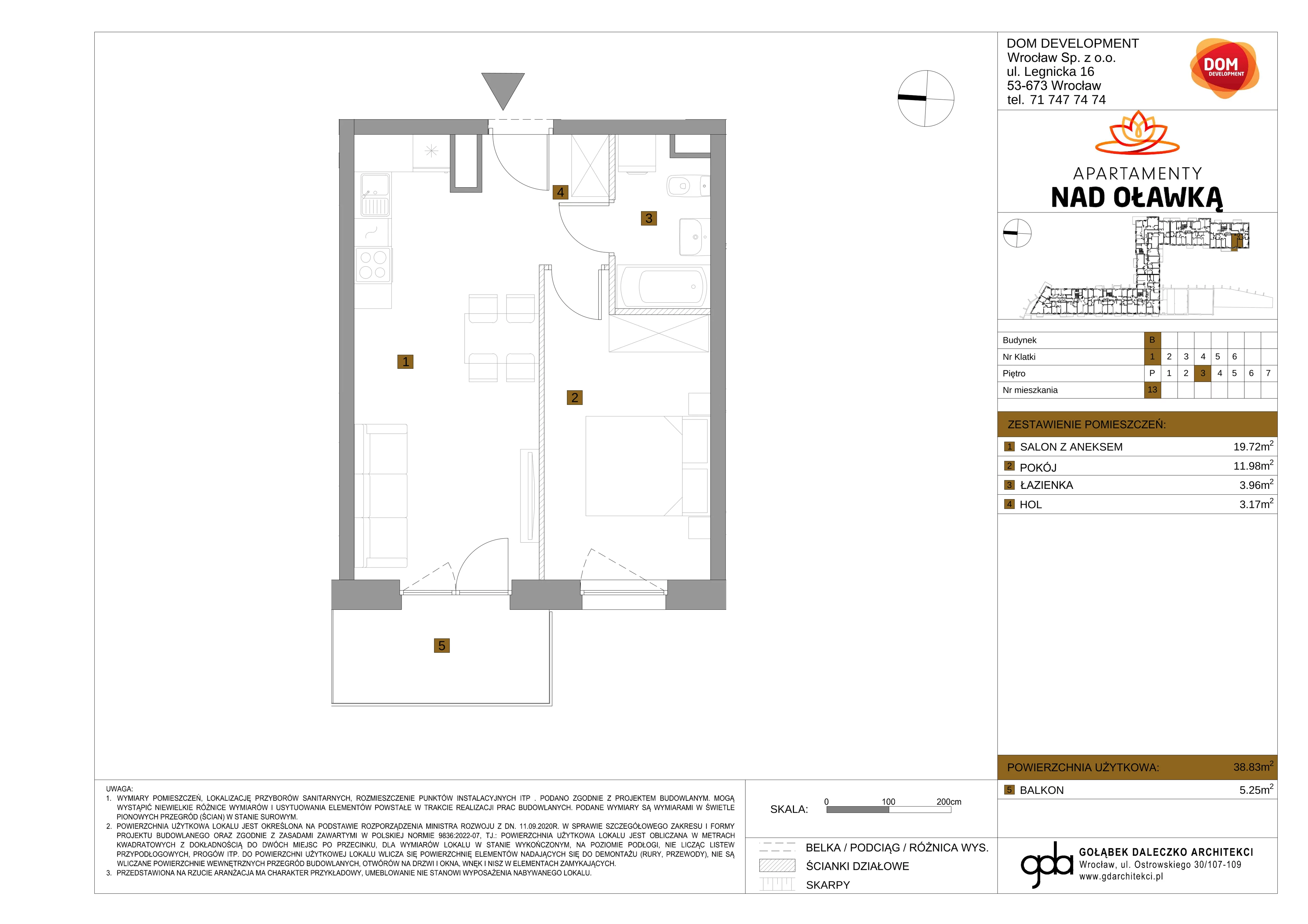 2 pokoje, mieszkanie 38,83 m², piętro 3, oferta nr B/13, Apartamenty nad Oławką 2, Wrocław, Przedmieście Oławskie, Krzyki, ul. Krakowska 98a