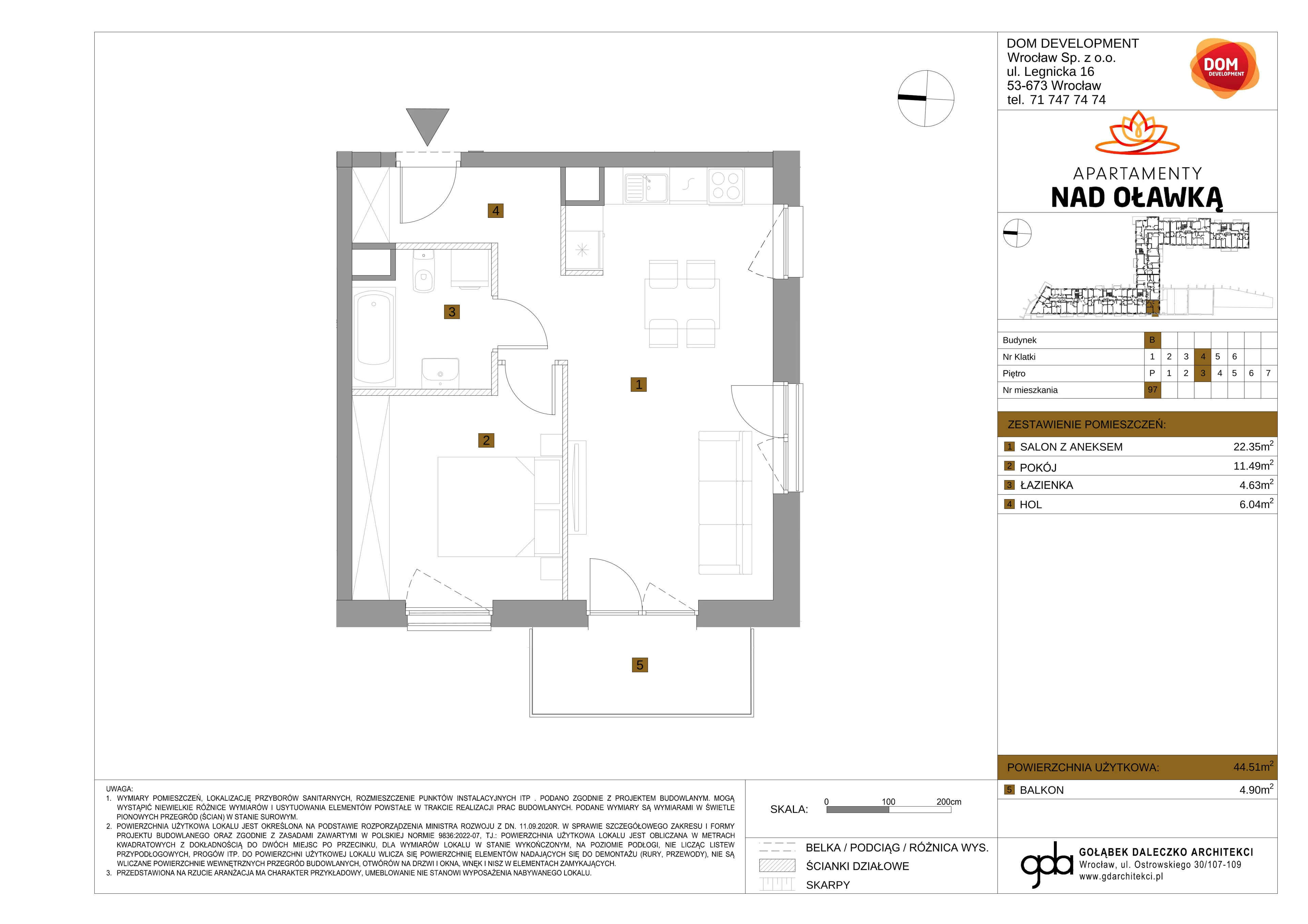 2 pokoje, mieszkanie 44,51 m², piętro 3, oferta nr B/97, Apartamenty nad Oławką 2, Wrocław, Przedmieście Oławskie, Krzyki, ul. Krakowska 98a