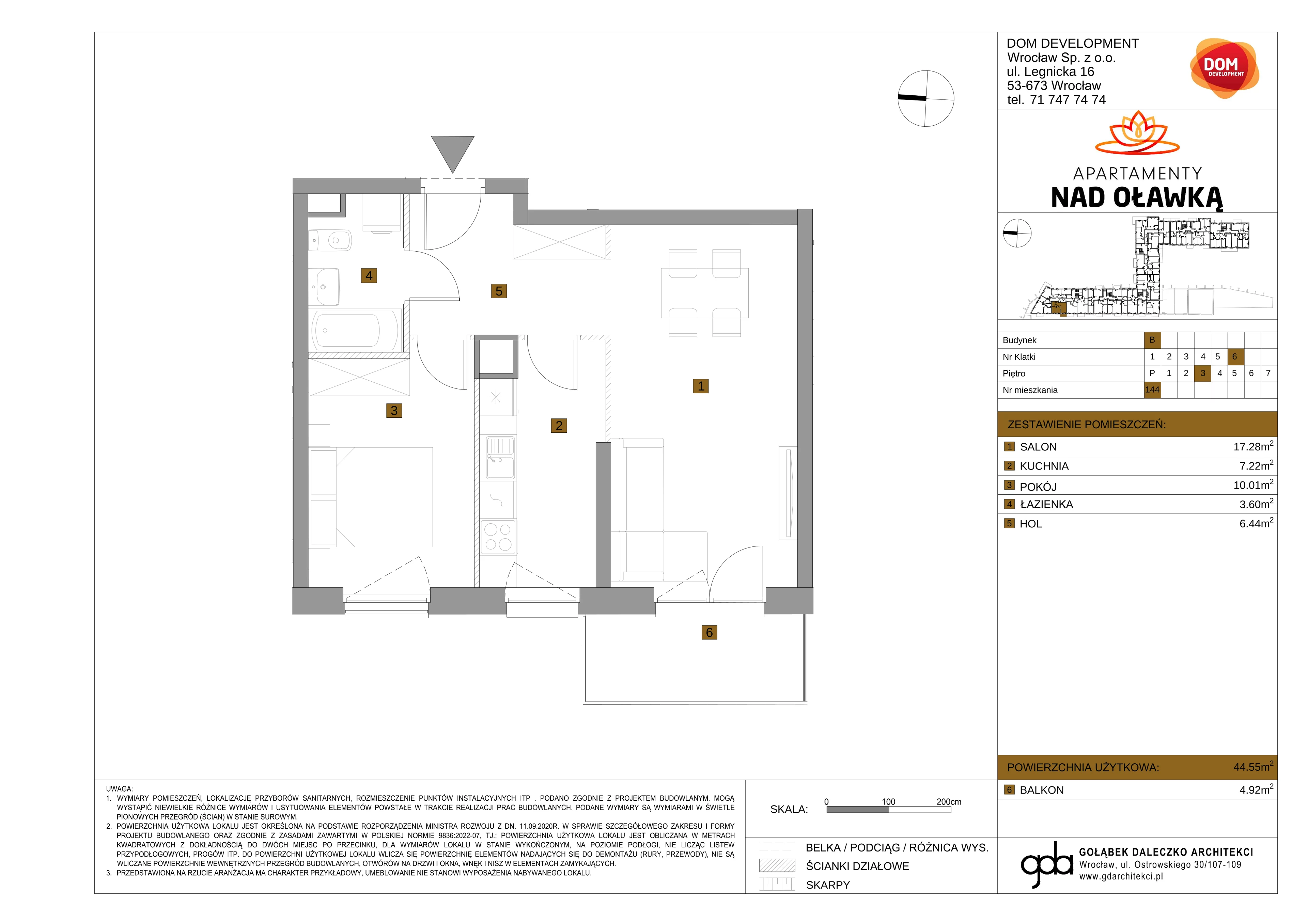 2 pokoje, mieszkanie 44,55 m², piętro 3, oferta nr B/144, Apartamenty nad Oławką 2, Wrocław, Przedmieście Oławskie, Krzyki, ul. Krakowska 98a