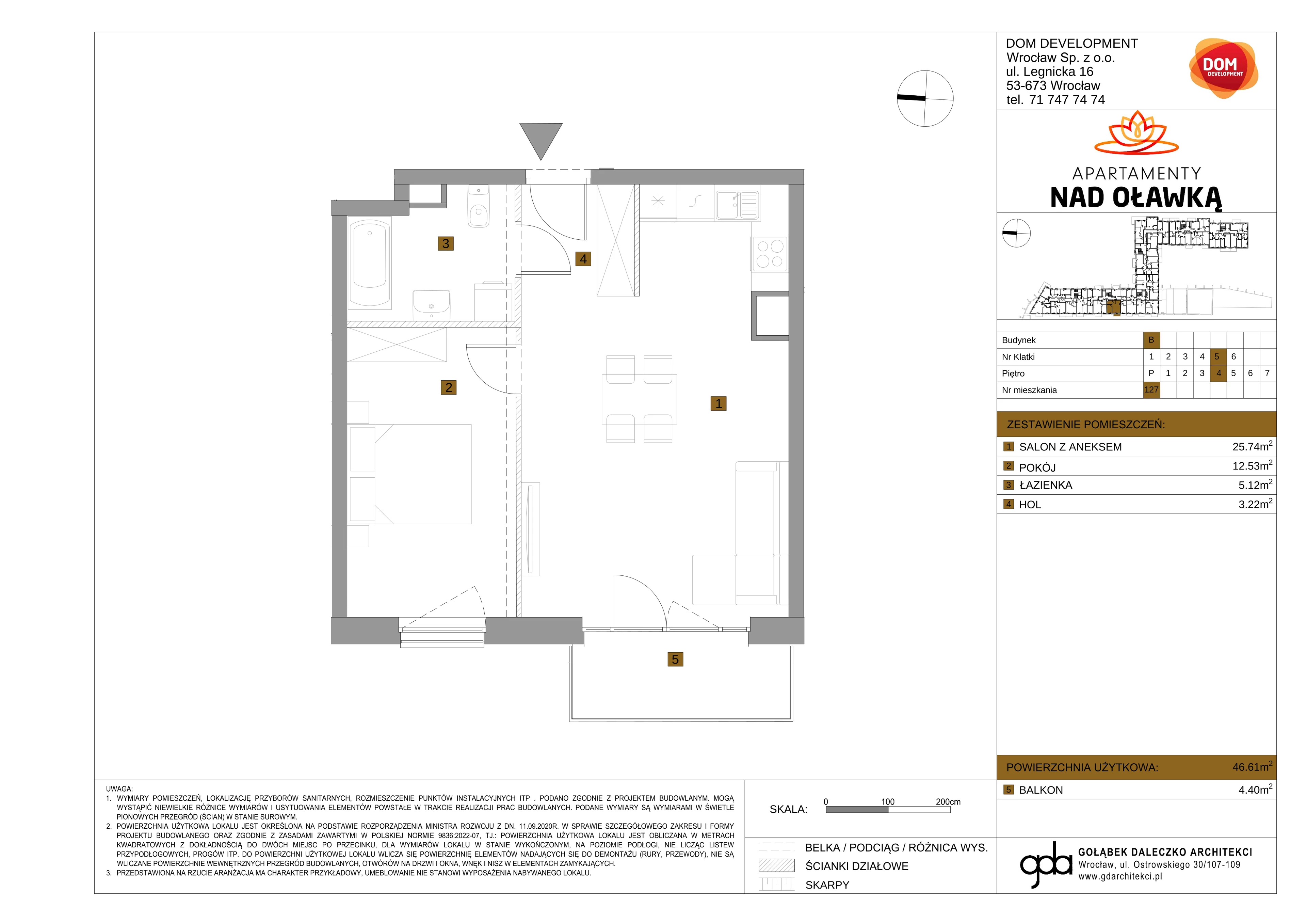 2 pokoje, mieszkanie 46,61 m², piętro 4, oferta nr B/127, Apartamenty nad Oławką 2, Wrocław, Przedmieście Oławskie, Krzyki, ul. Krakowska 98a