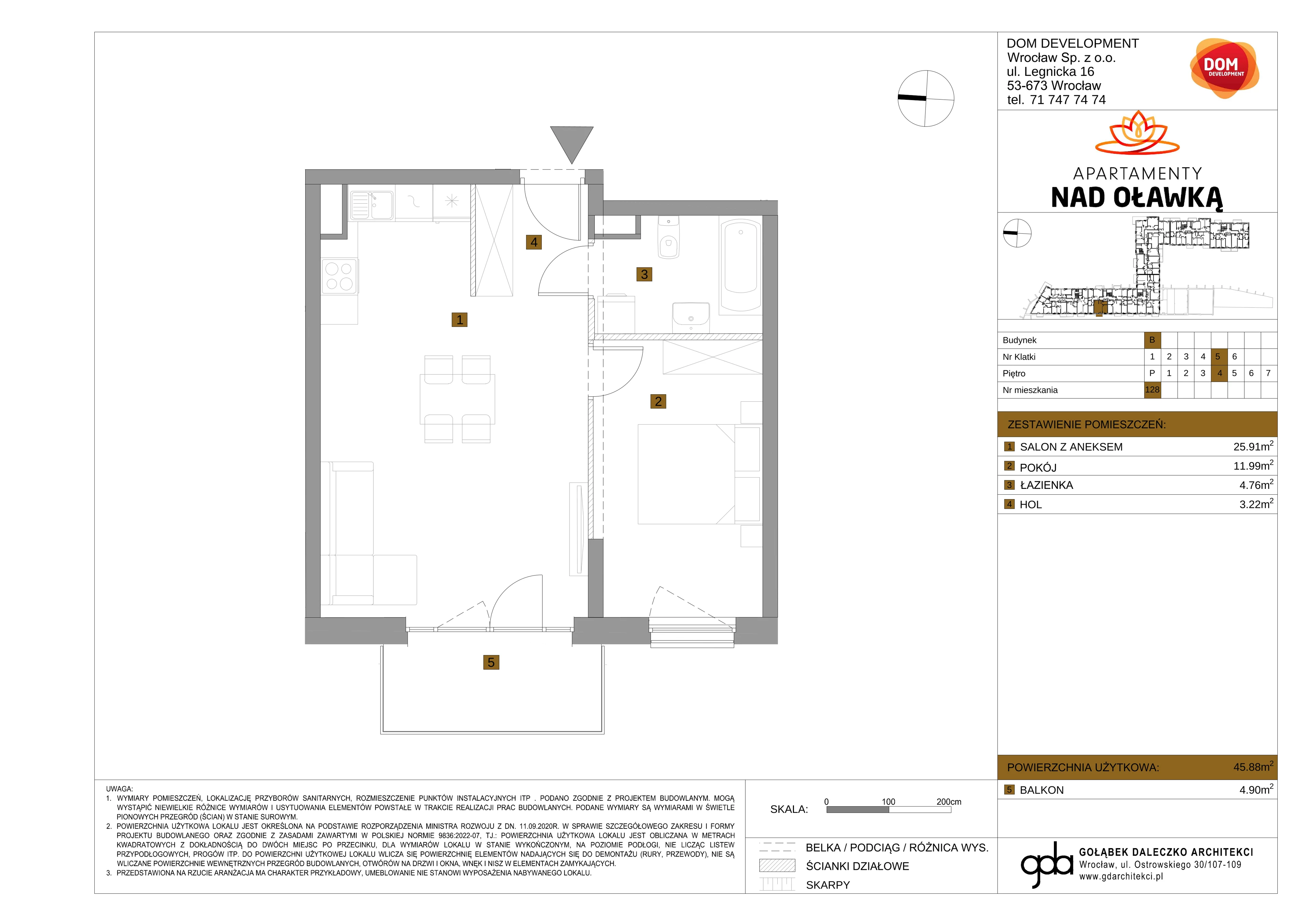 2 pokoje, mieszkanie 45,88 m², piętro 4, oferta nr B/128, Apartamenty nad Oławką 2, Wrocław, Przedmieście Oławskie, Krzyki, ul. Krakowska 98a