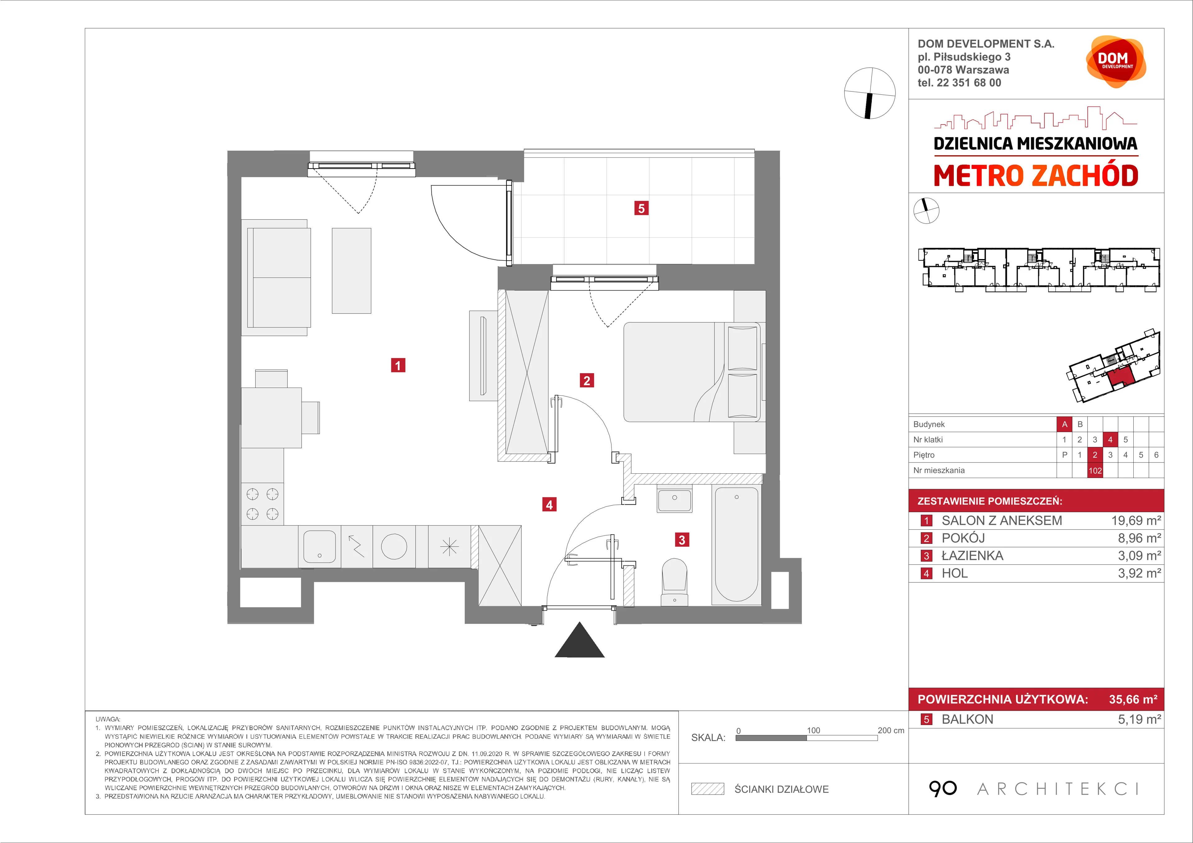 2 pokoje, mieszkanie 35,66 m², piętro 2, oferta nr A/102, Metro Zachód etap 13, Warszawa, Bemowo, Chrzanów, ul. Lazurowa