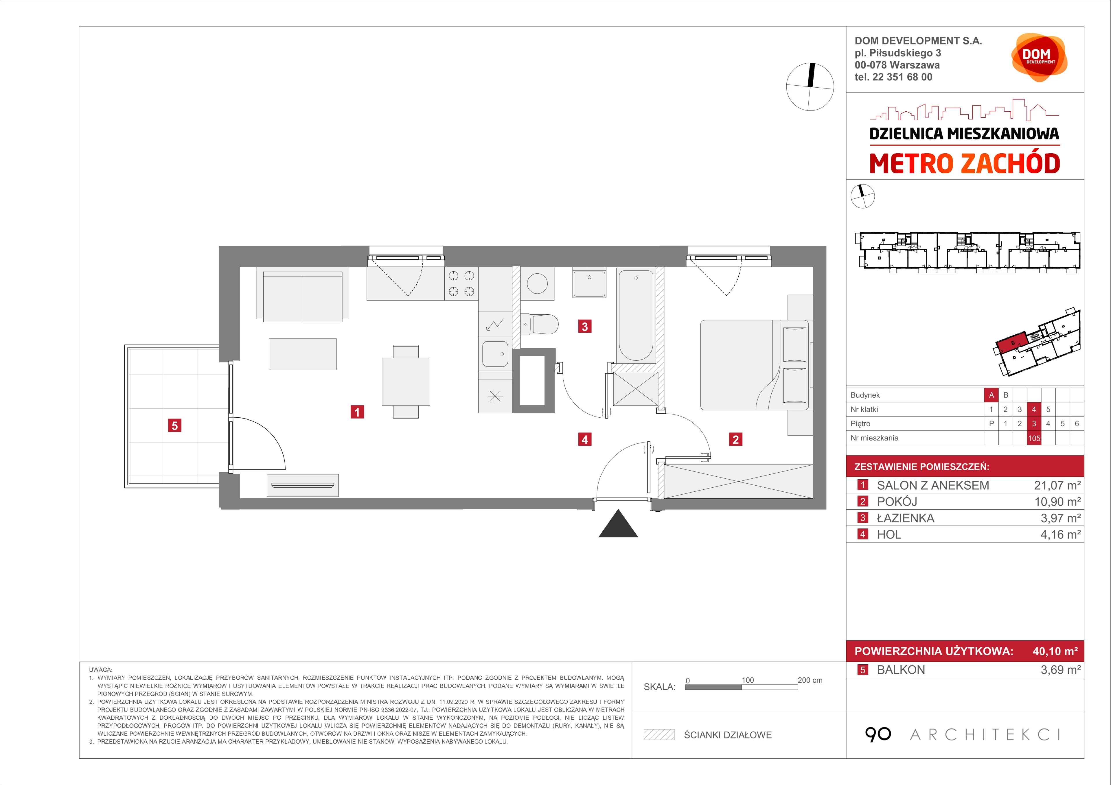 2 pokoje, mieszkanie 40,10 m², piętro 3, oferta nr A/105, Metro Zachód etap 13, Warszawa, Bemowo, Chrzanów, ul. Lazurowa