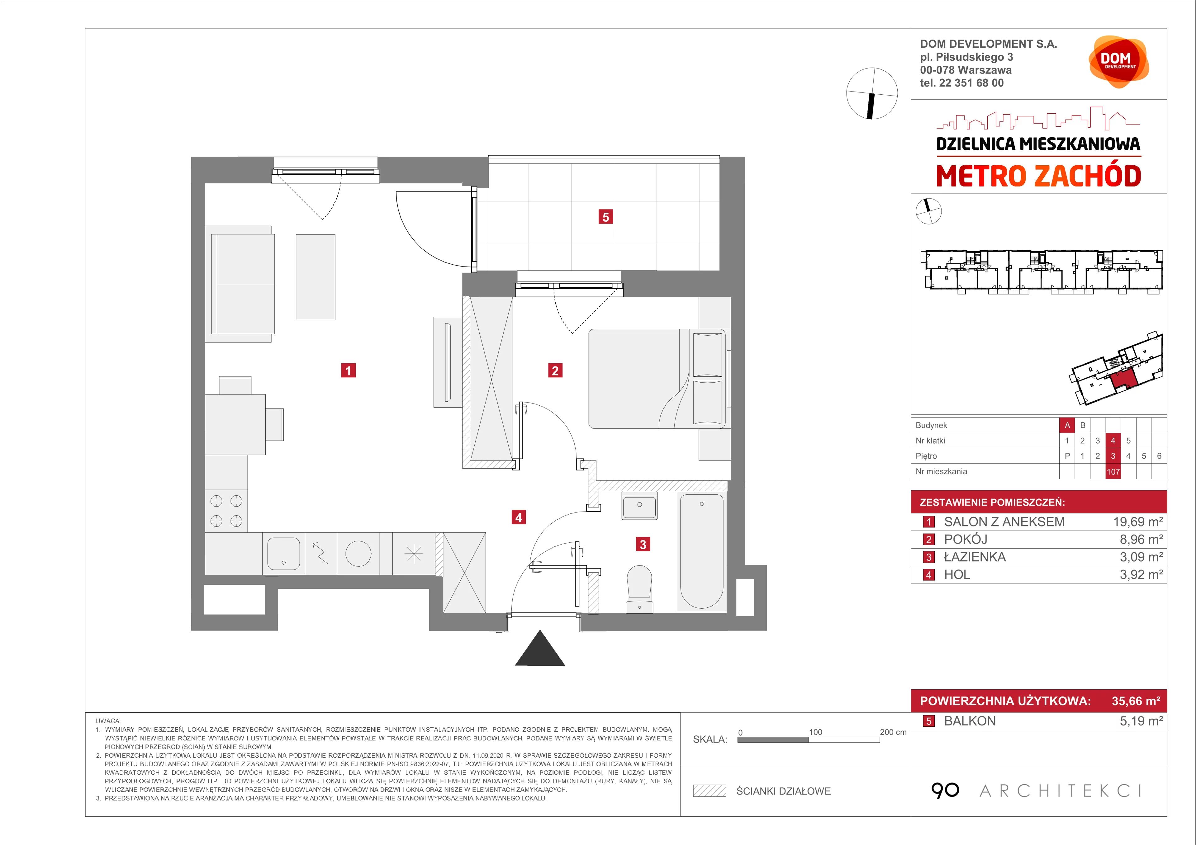 2 pokoje, mieszkanie 35,66 m², piętro 3, oferta nr A/107, Metro Zachód etap 13, Warszawa, Bemowo, Chrzanów, ul. Lazurowa