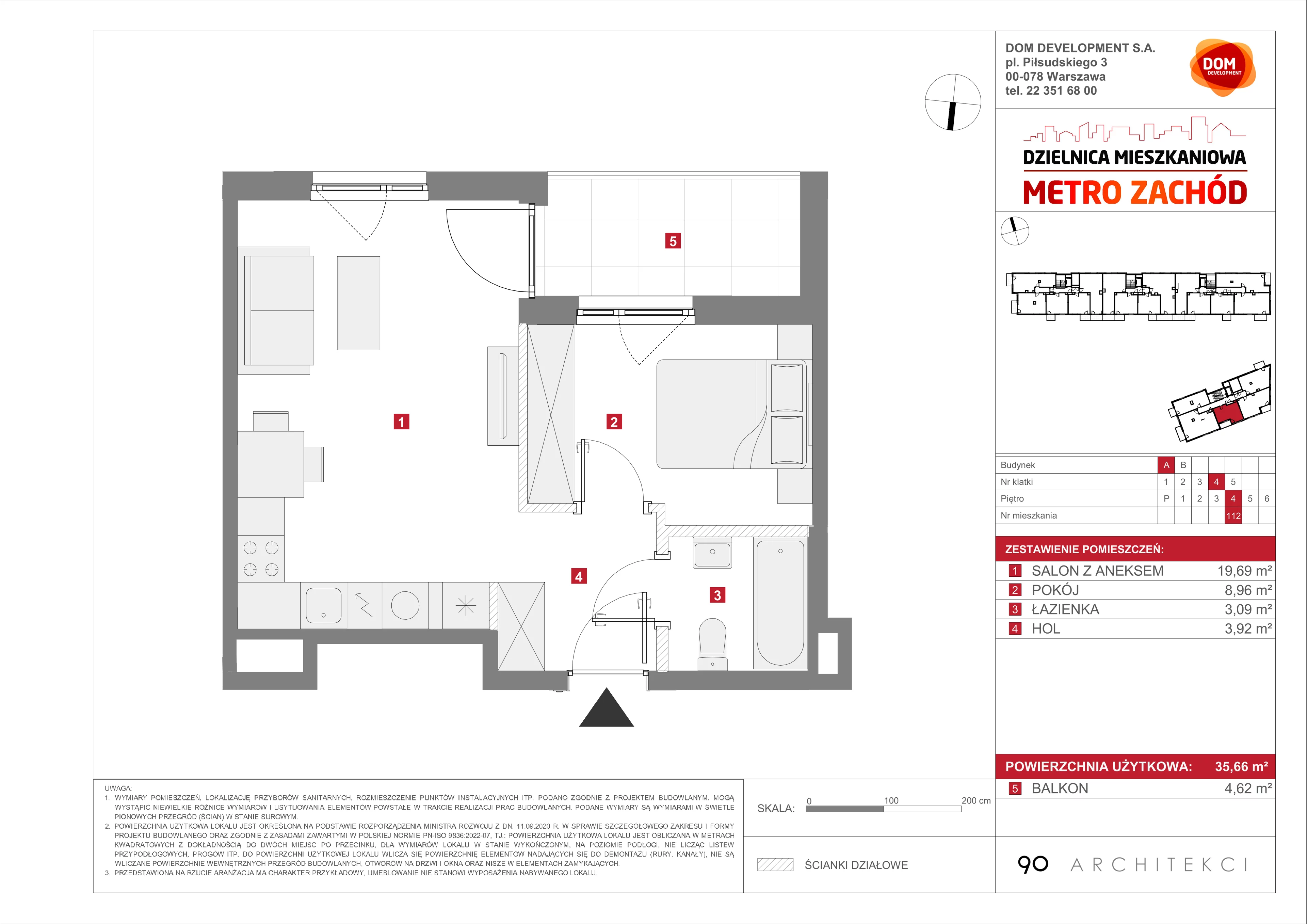 2 pokoje, mieszkanie 35,66 m², piętro 4, oferta nr A/112, Metro Zachód etap 13, Warszawa, Bemowo, Chrzanów, ul. Lazurowa