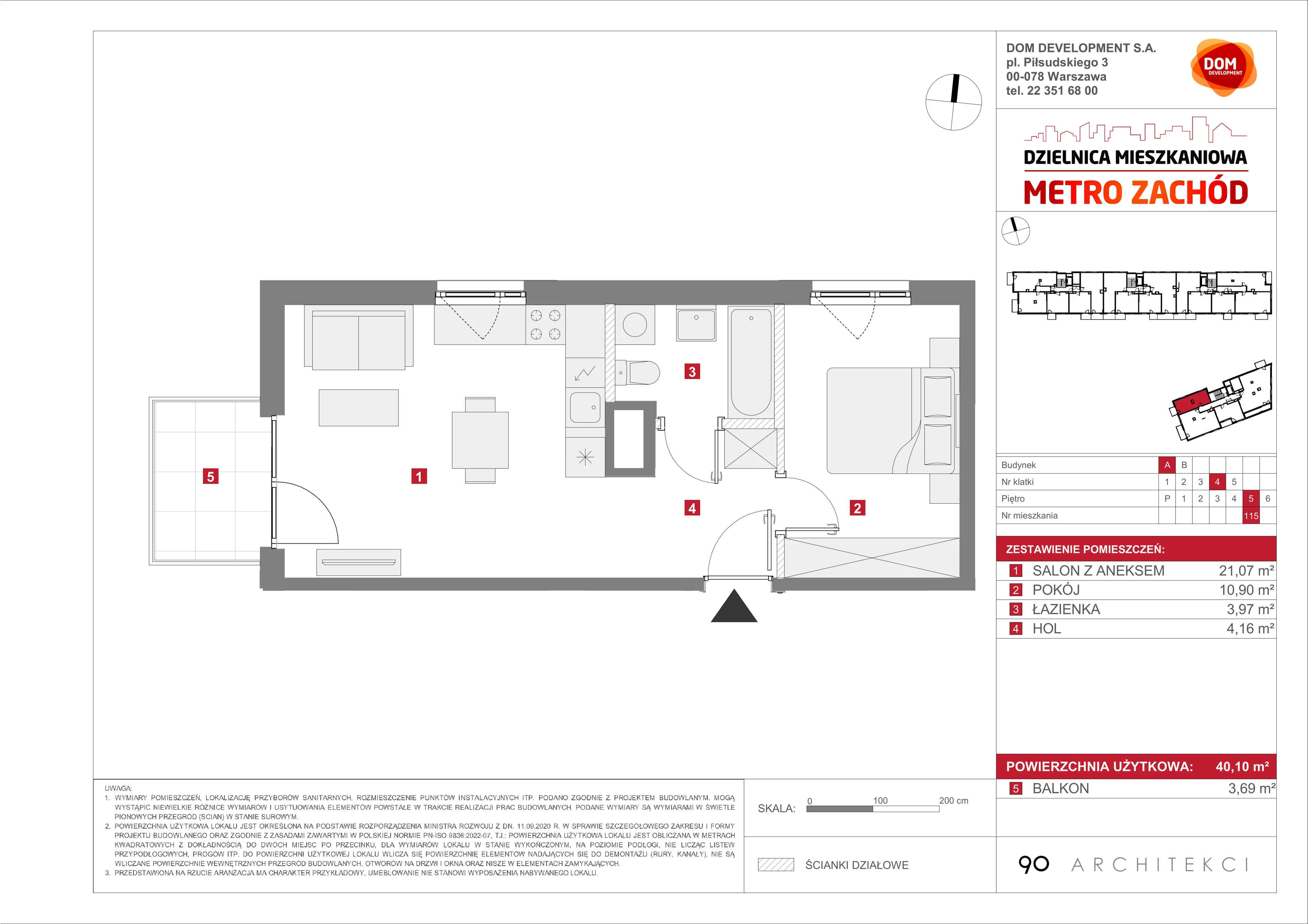 2 pokoje, mieszkanie 40,10 m², piętro 5, oferta nr A/115, Metro Zachód etap 13, Warszawa, Bemowo, Chrzanów, ul. Lazurowa