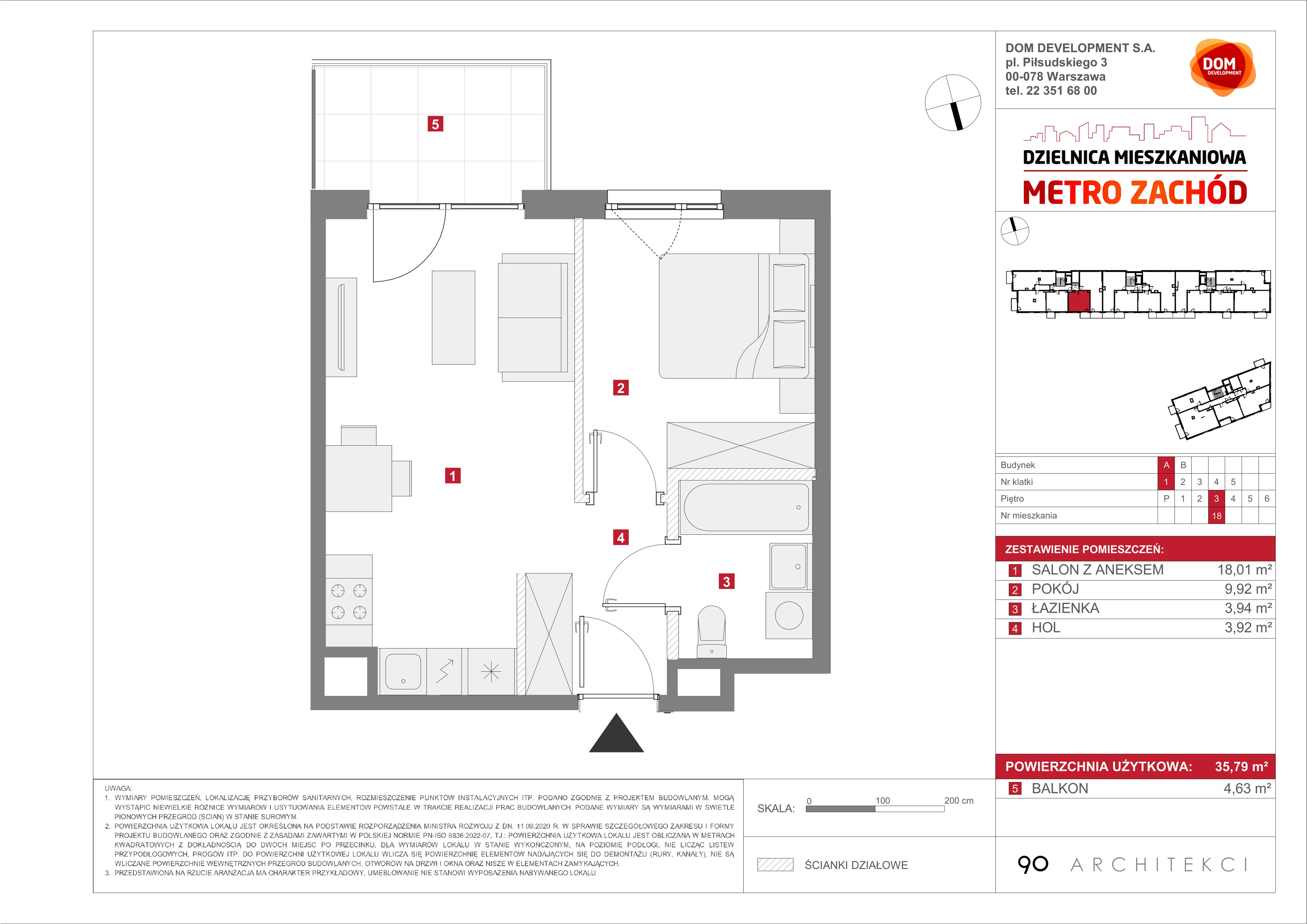 2 pokoje, mieszkanie 35,79 m², piętro 3, oferta nr A/18, Metro Zachód etap 13, Warszawa, Bemowo, Chrzanów, ul. Lazurowa