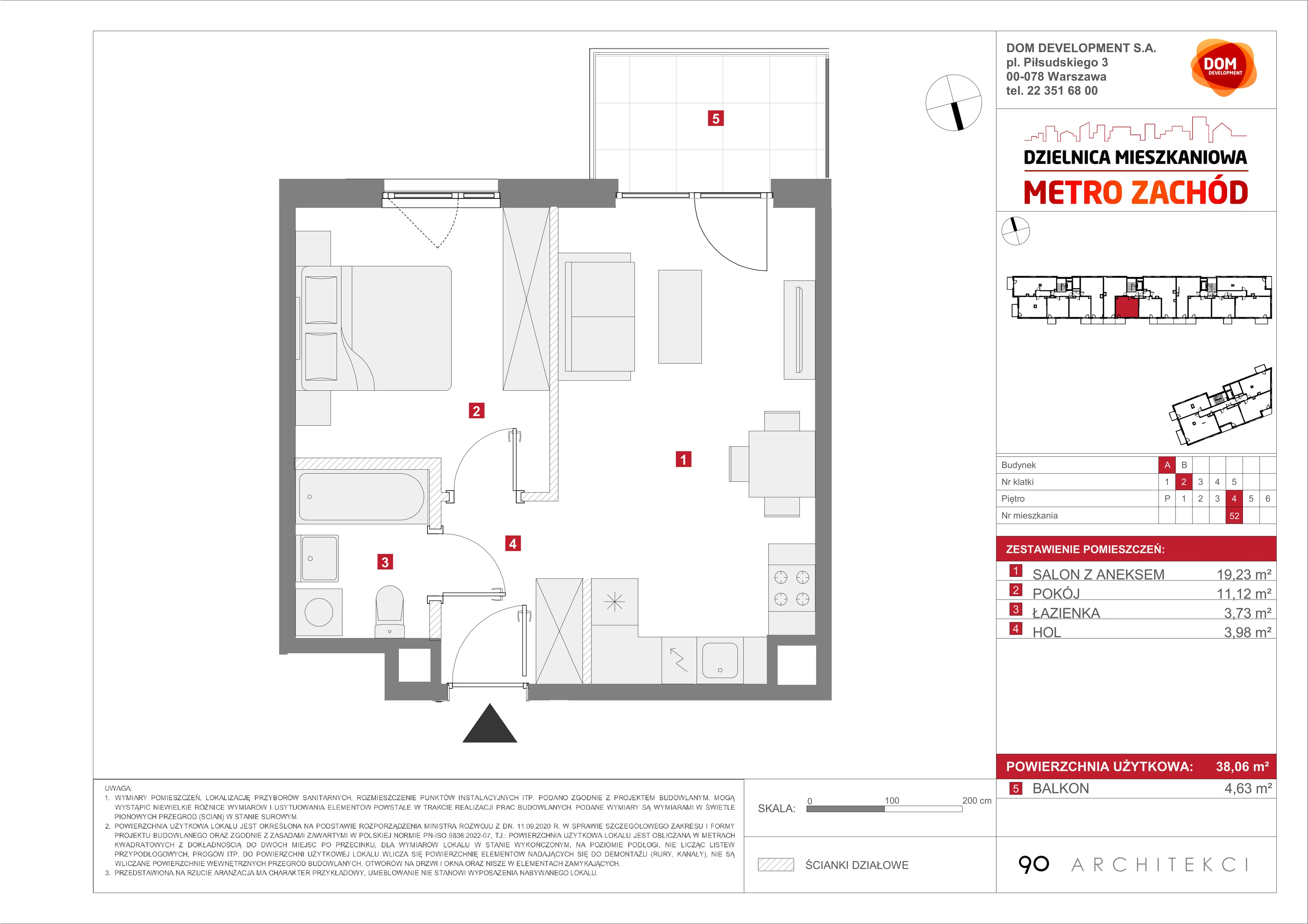 2 pokoje, mieszkanie 38,06 m², piętro 4, oferta nr A/52, Metro Zachód etap 13, Warszawa, Bemowo, Chrzanów, ul. Lazurowa