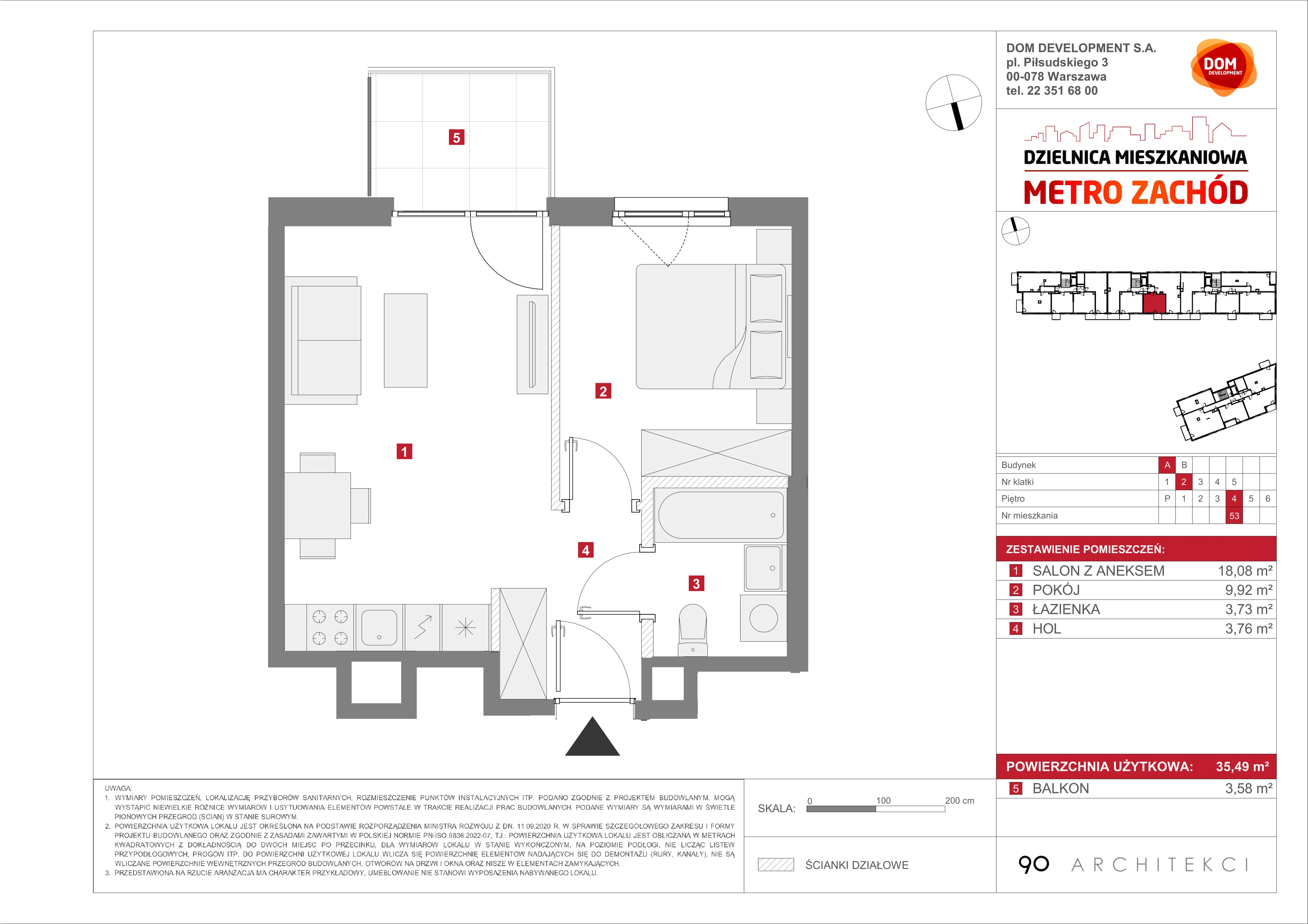 2 pokoje, mieszkanie 35,49 m², piętro 4, oferta nr A/53, Metro Zachód etap 13, Warszawa, Bemowo, Chrzanów, ul. Lazurowa