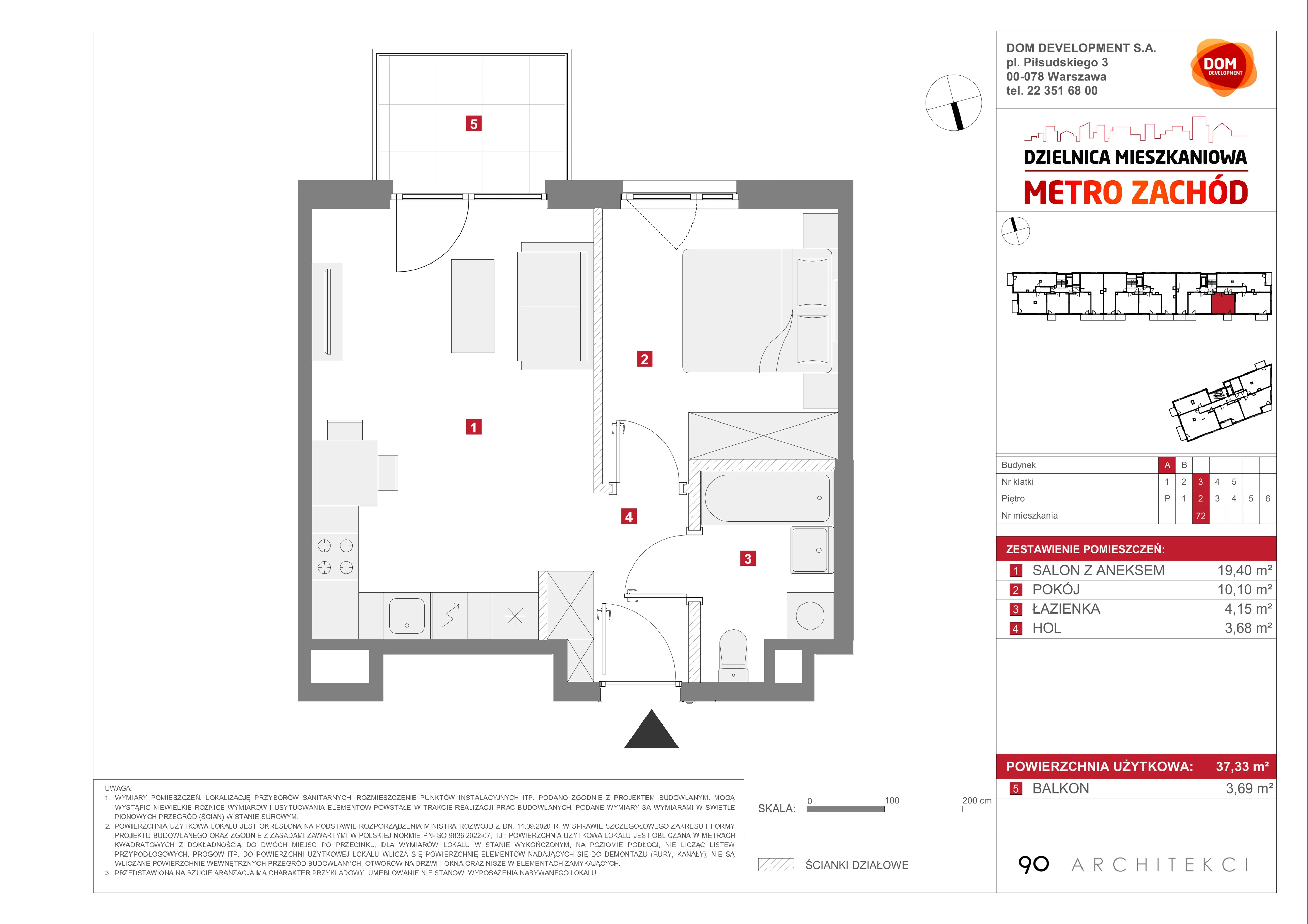 2 pokoje, mieszkanie 37,33 m², piętro 2, oferta nr A/72, Metro Zachód etap 13, Warszawa, Bemowo, Chrzanów, ul. Lazurowa