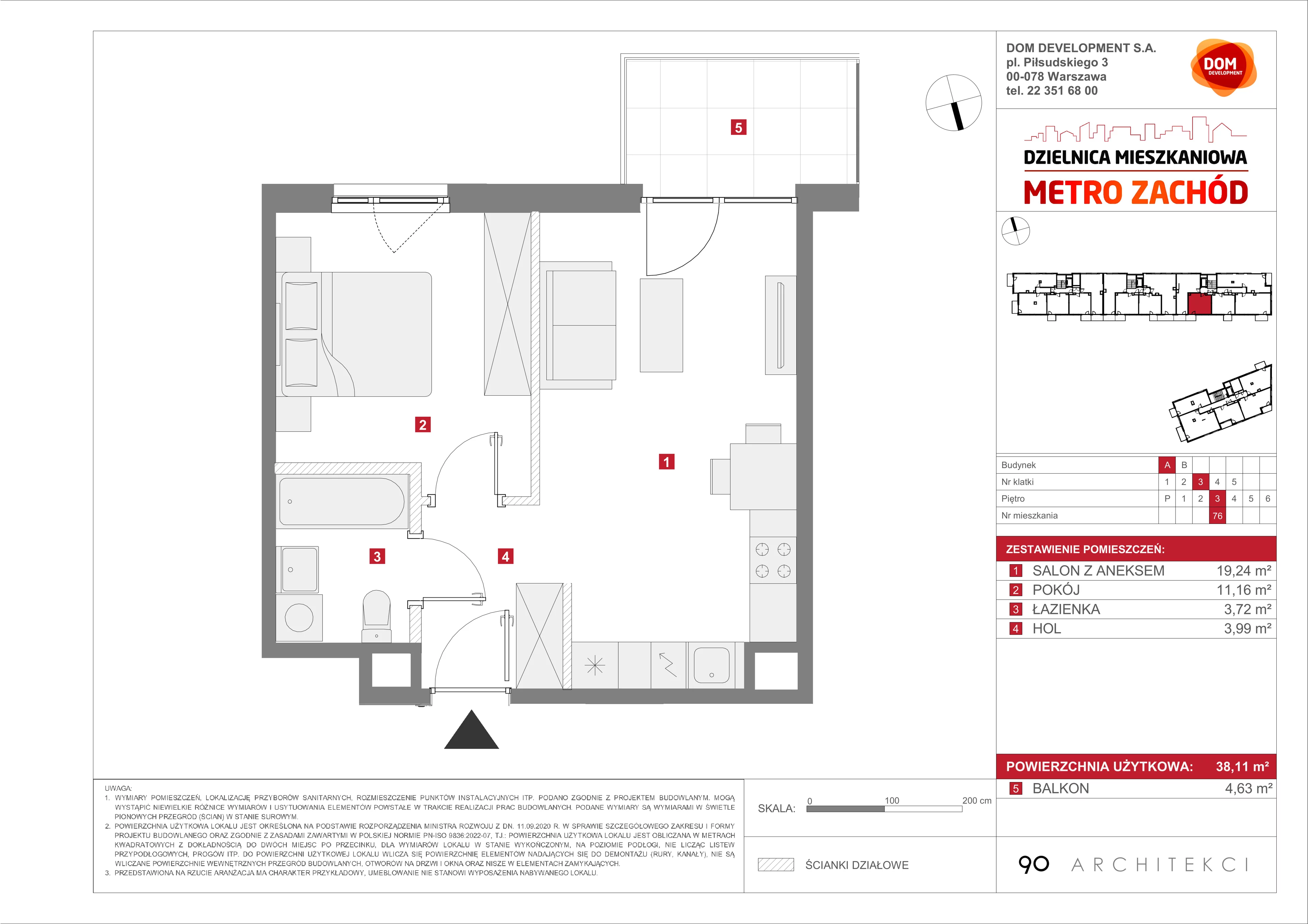 2 pokoje, mieszkanie 38,11 m², piętro 3, oferta nr A/76, Metro Zachód etap 13, Warszawa, Bemowo, Chrzanów, ul. Lazurowa