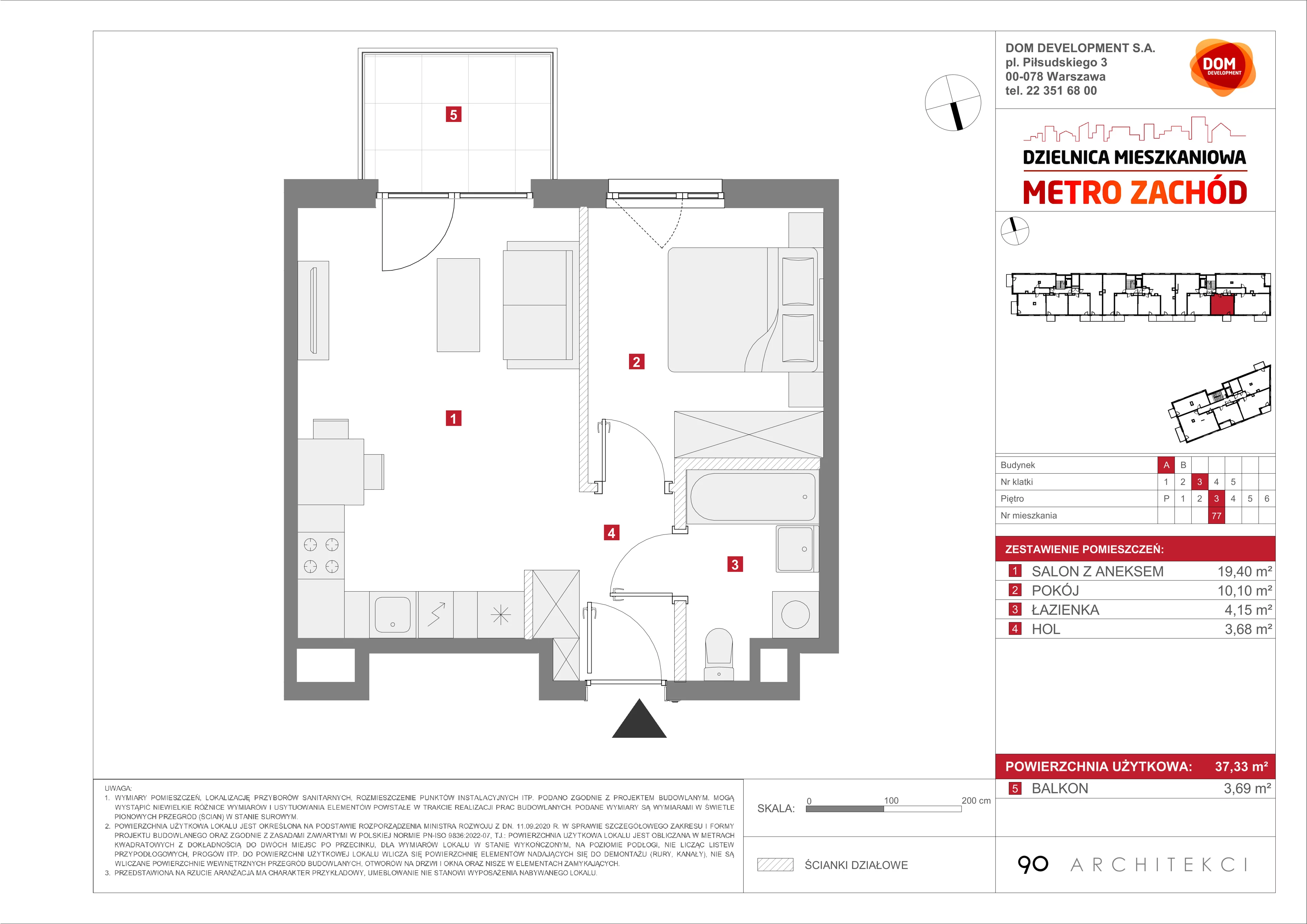 2 pokoje, mieszkanie 37,33 m², piętro 3, oferta nr A/77, Metro Zachód etap 13, Warszawa, Bemowo, Chrzanów, ul. Lazurowa