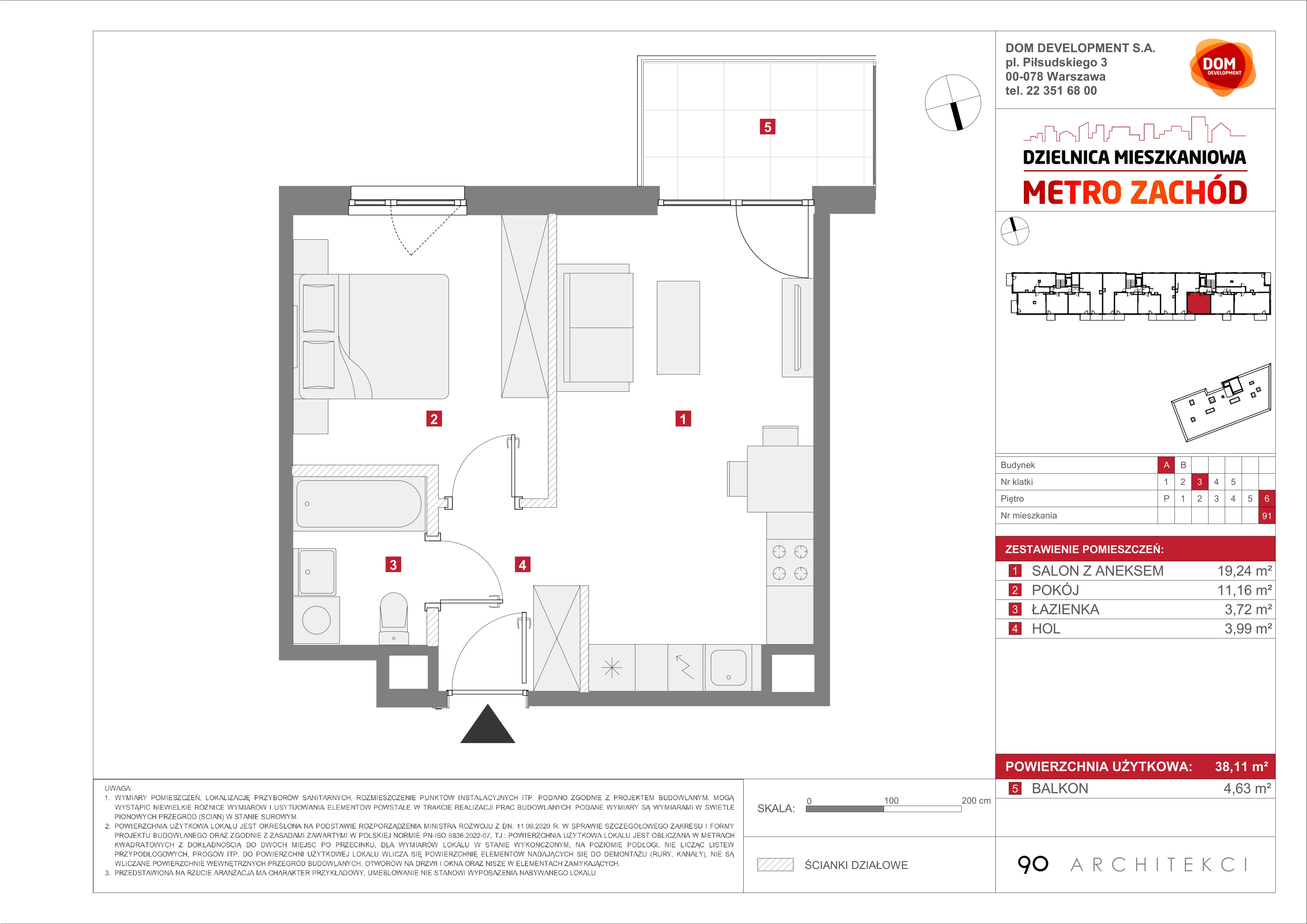 2 pokoje, mieszkanie 38,11 m², piętro 6, oferta nr A/91, Metro Zachód etap 13, Warszawa, Bemowo, Chrzanów, ul. Lazurowa