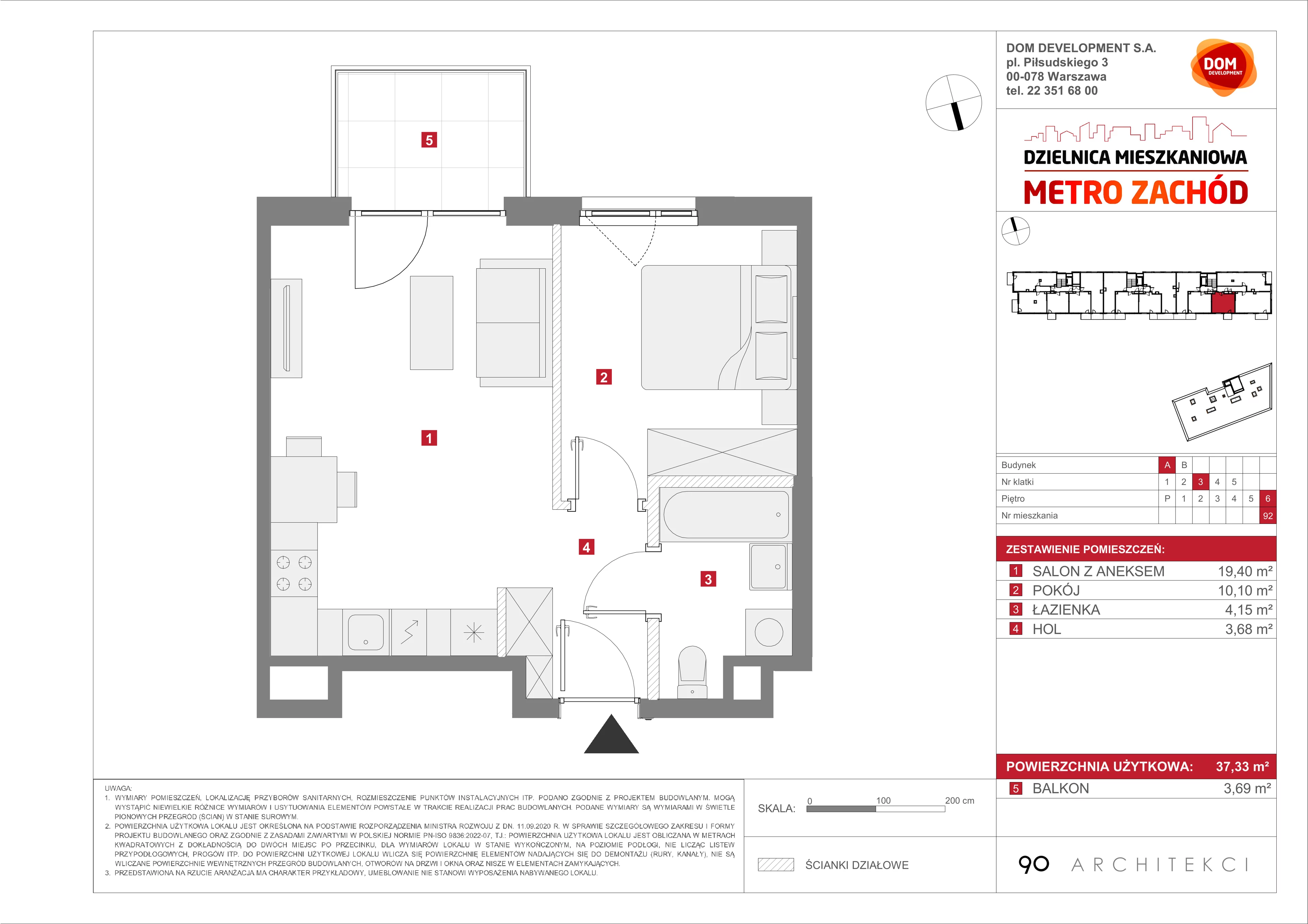 2 pokoje, mieszkanie 37,33 m², piętro 6, oferta nr A/92, Metro Zachód etap 13, Warszawa, Bemowo, Chrzanów, ul. Lazurowa