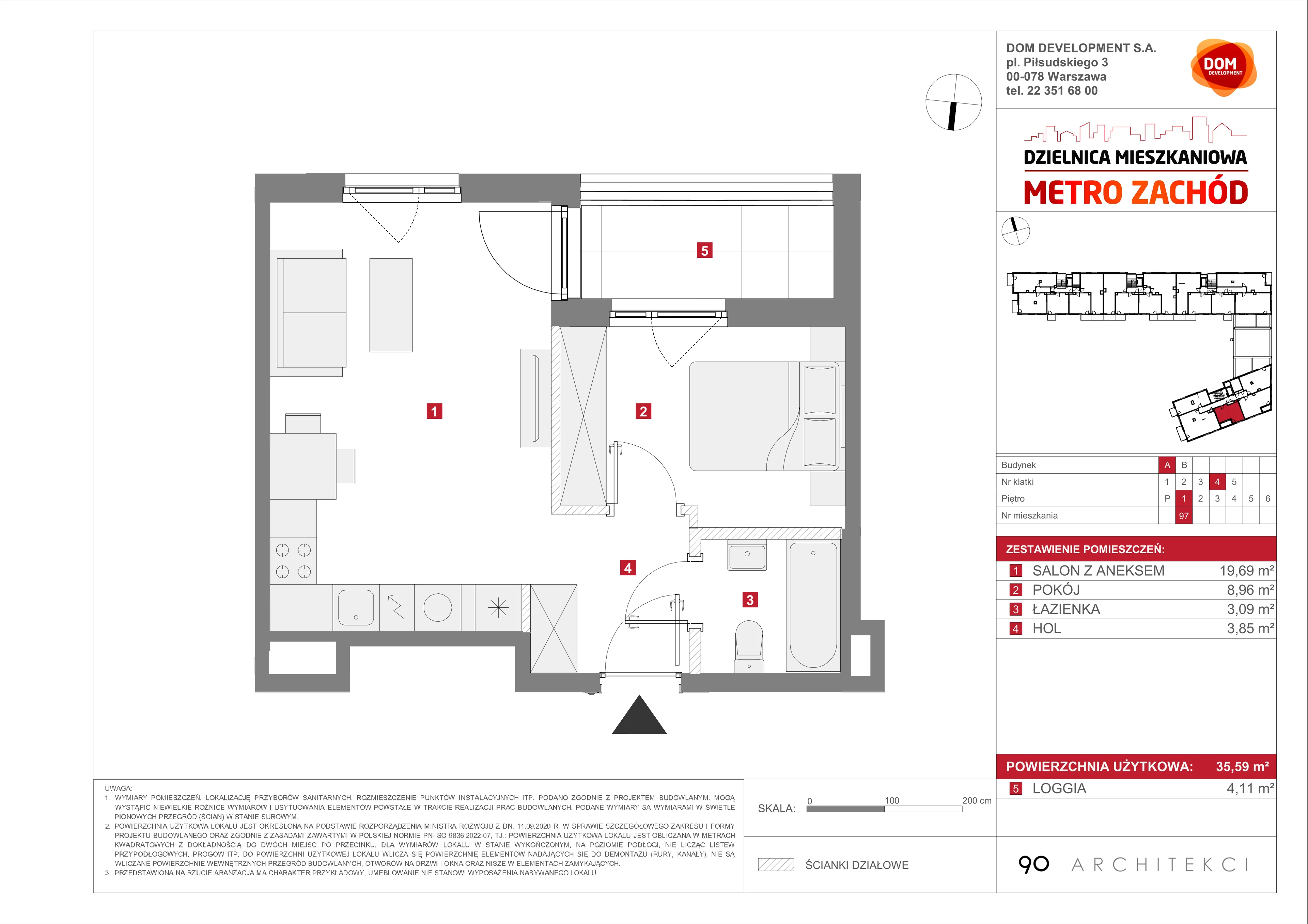 2 pokoje, mieszkanie 35,59 m², piętro 1, oferta nr A/97, Metro Zachód etap 13, Warszawa, Bemowo, Chrzanów, ul. Lazurowa